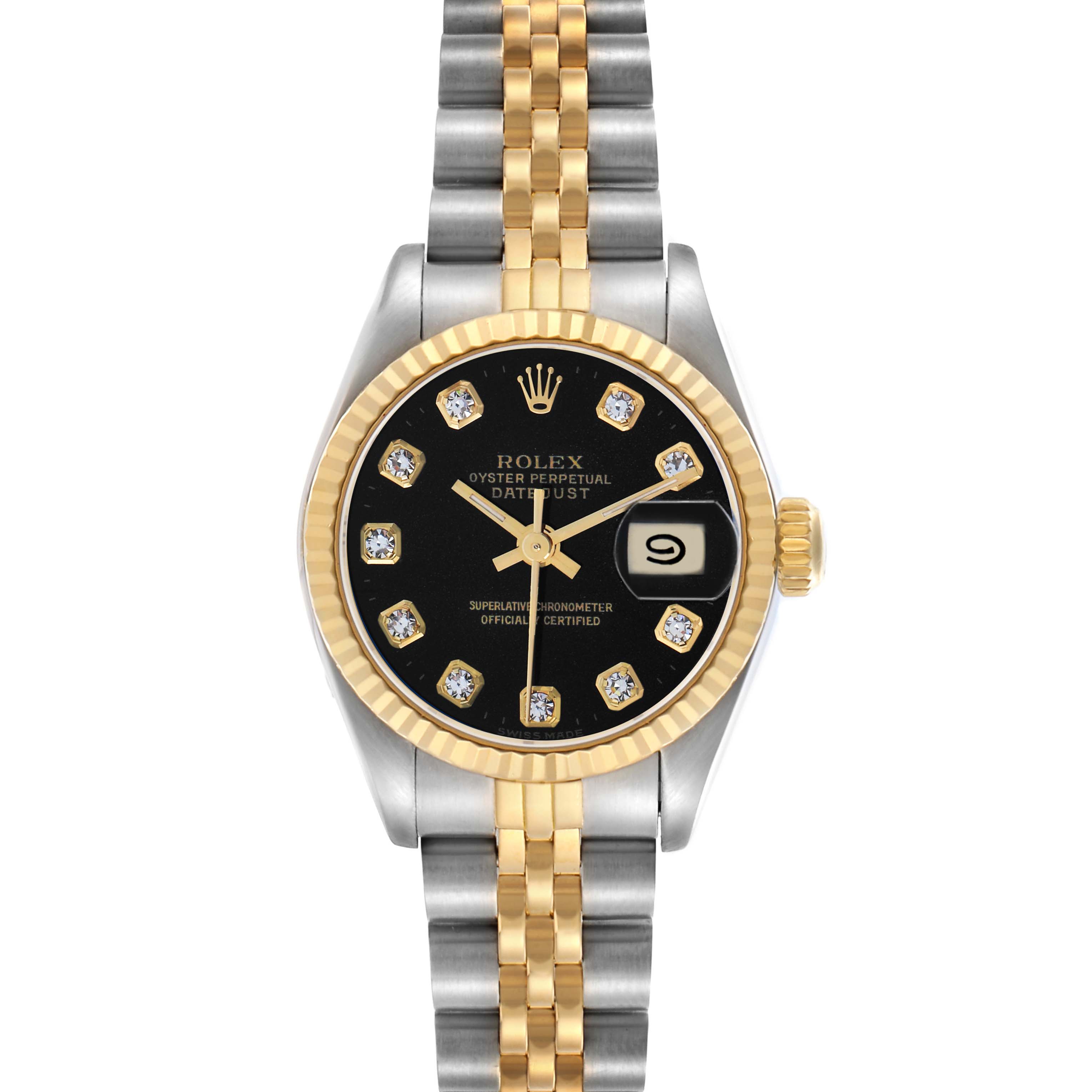 The Rolex Datejust 69173 Women
s Steel and Gold (two tone) Black Dial watch is shown from the front, displaying its dial, bezel, bracelet, and date window.