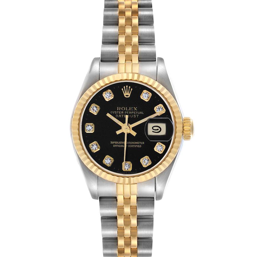 The Rolex Datejust 69173 Women's Steel and Gold (two tone) Black Dial watch is shown from the front, displaying its dial, bezel, bracelet, and date window.