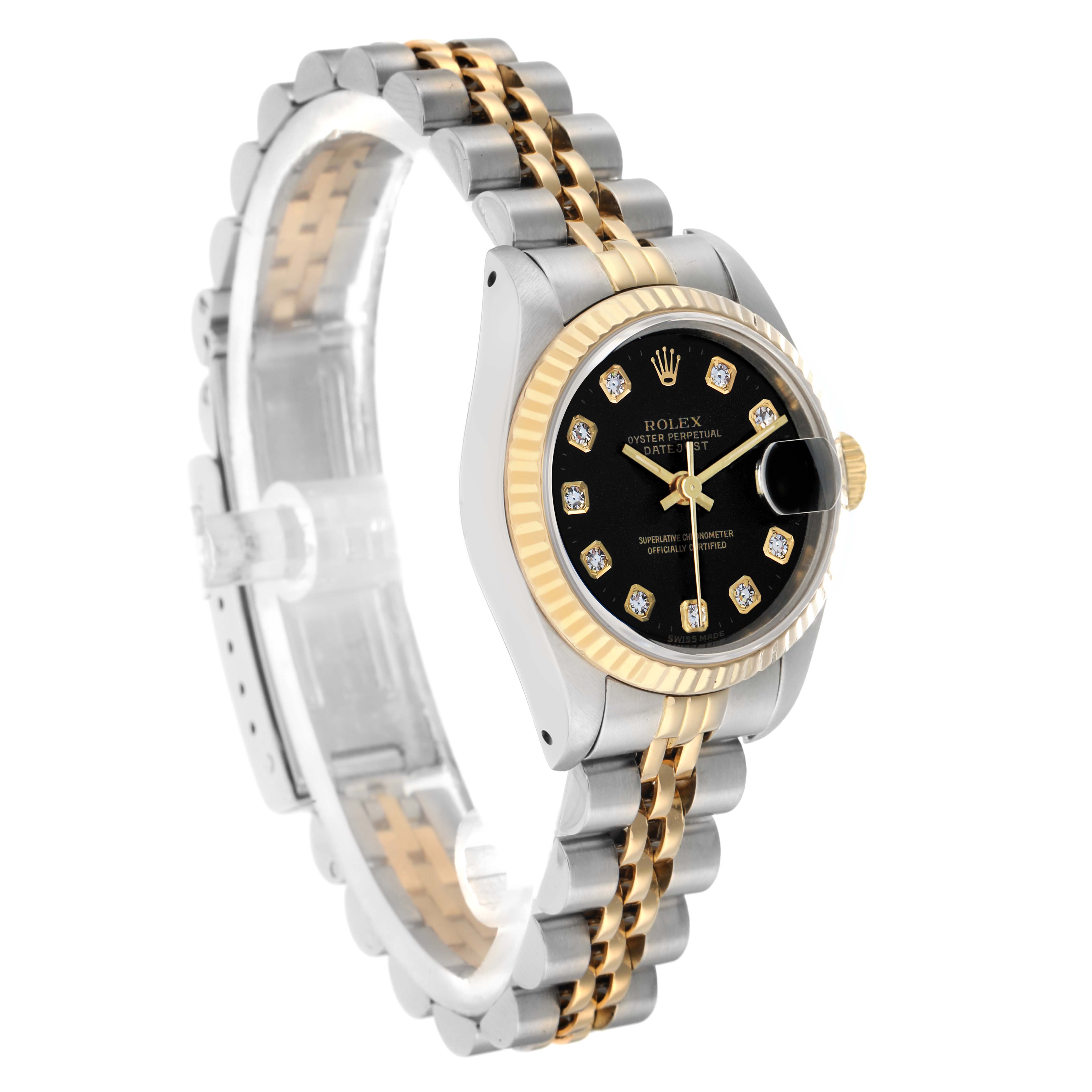 The Rolex Datejust 69173 Women
s Steel and Gold (two tone) Black Dial is shown at an angle displaying its black dial, gold and silver Jubilee bracelet, and fluted bezel.