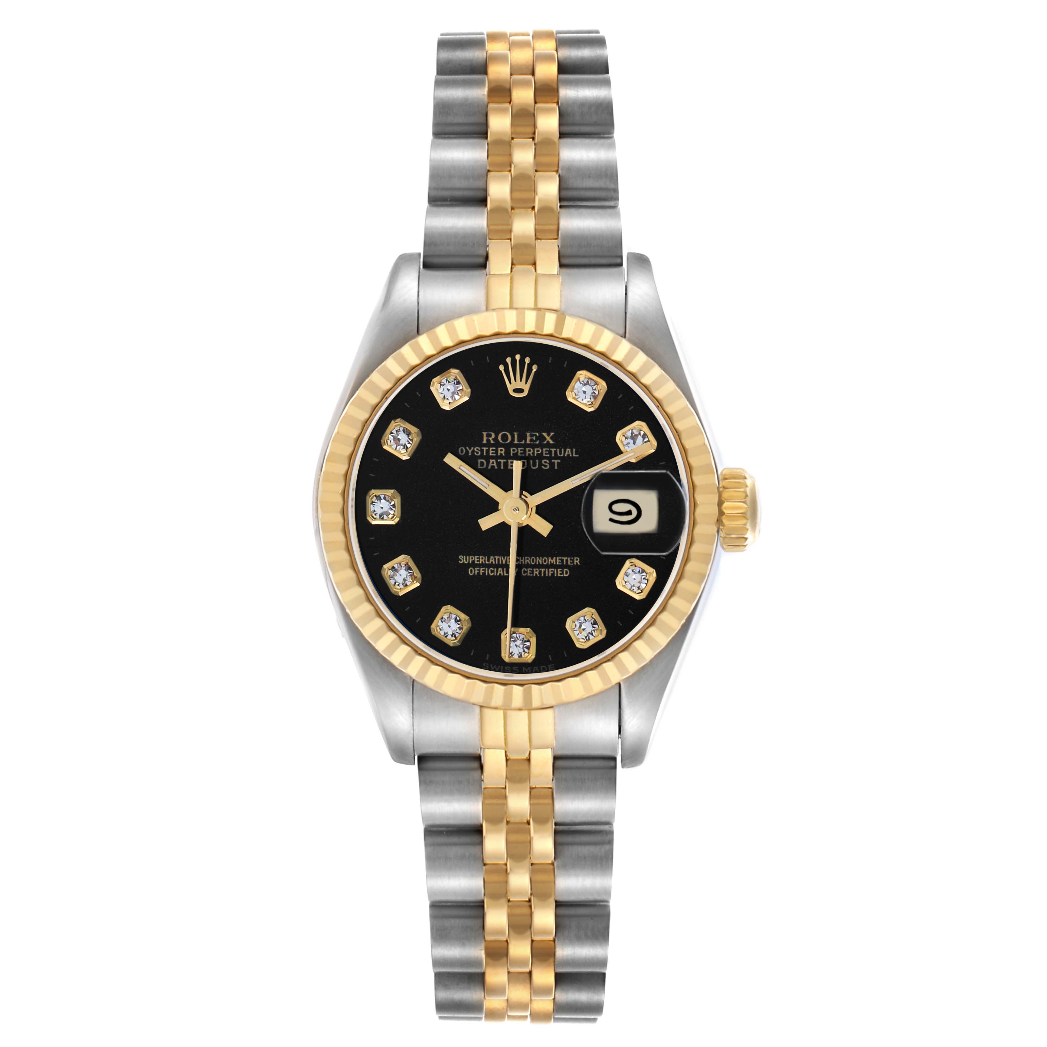 The Rolex Datejust 69173 Women
s Steel and Gold (two tone) Black Dial watch is shown from the front, displaying its face, bezel, crown, and bracelet.