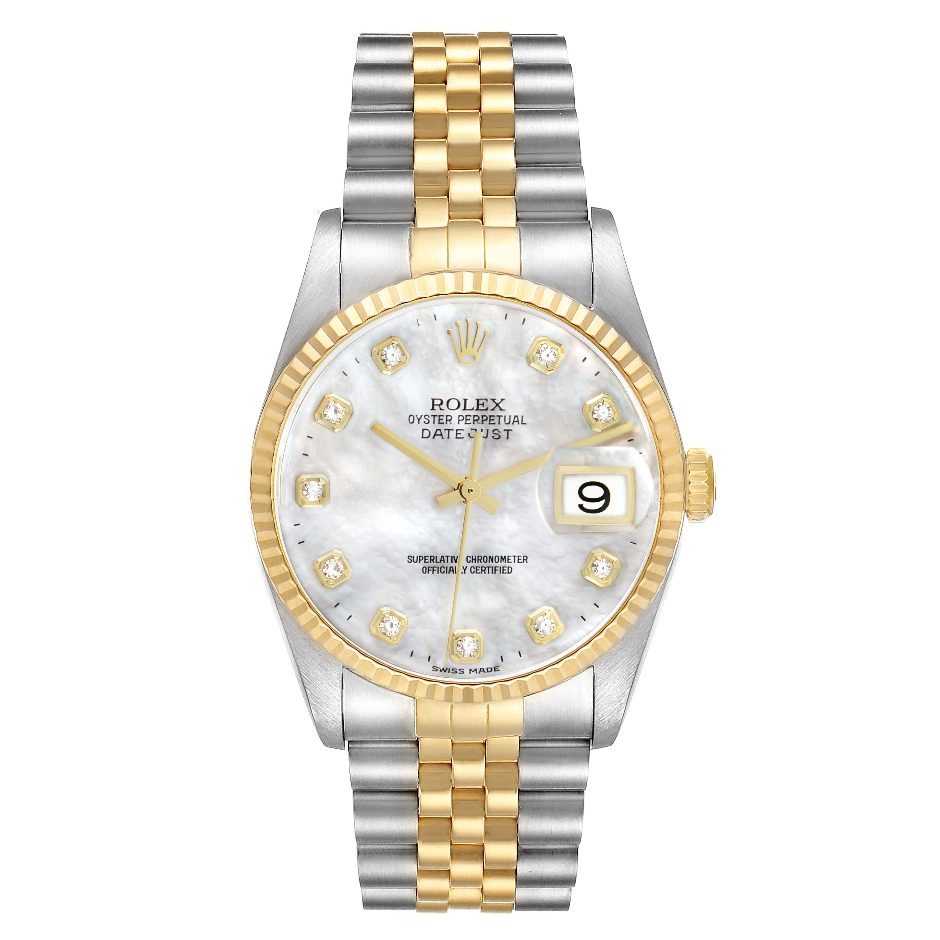 The Rolex Datejust 16233 Men
s Steel and Gold (two tone) Mother of Pearl Dial watch is shown from a front angle, featuring the dial, bezel, and jubilee bracelet.