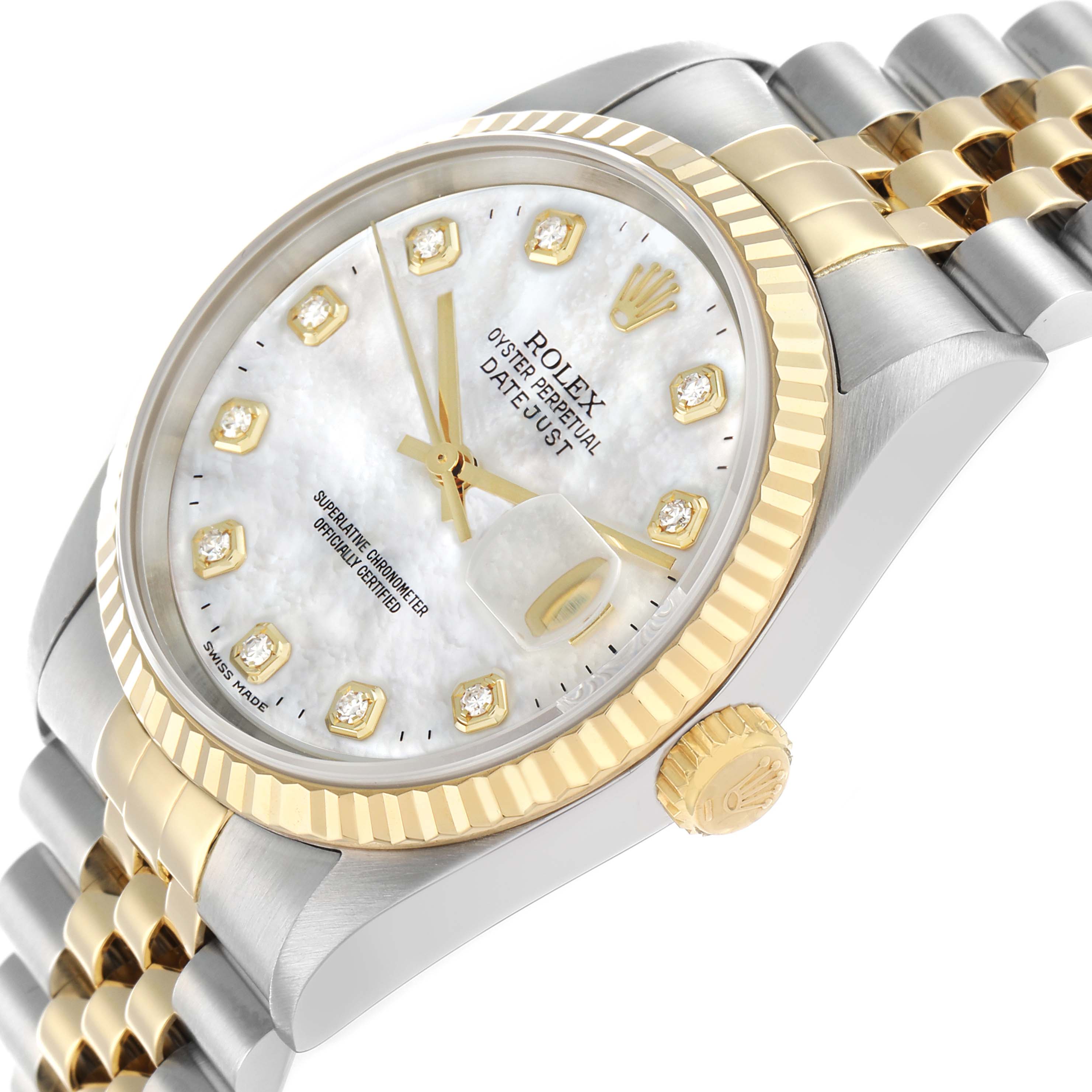 The Rolex Datejust 16233 Men
s Steel and Gold (two tone) Mother of Pearl Dial watch is shown at an angled side view, highlighting the face, crown, and part of the bracelet.