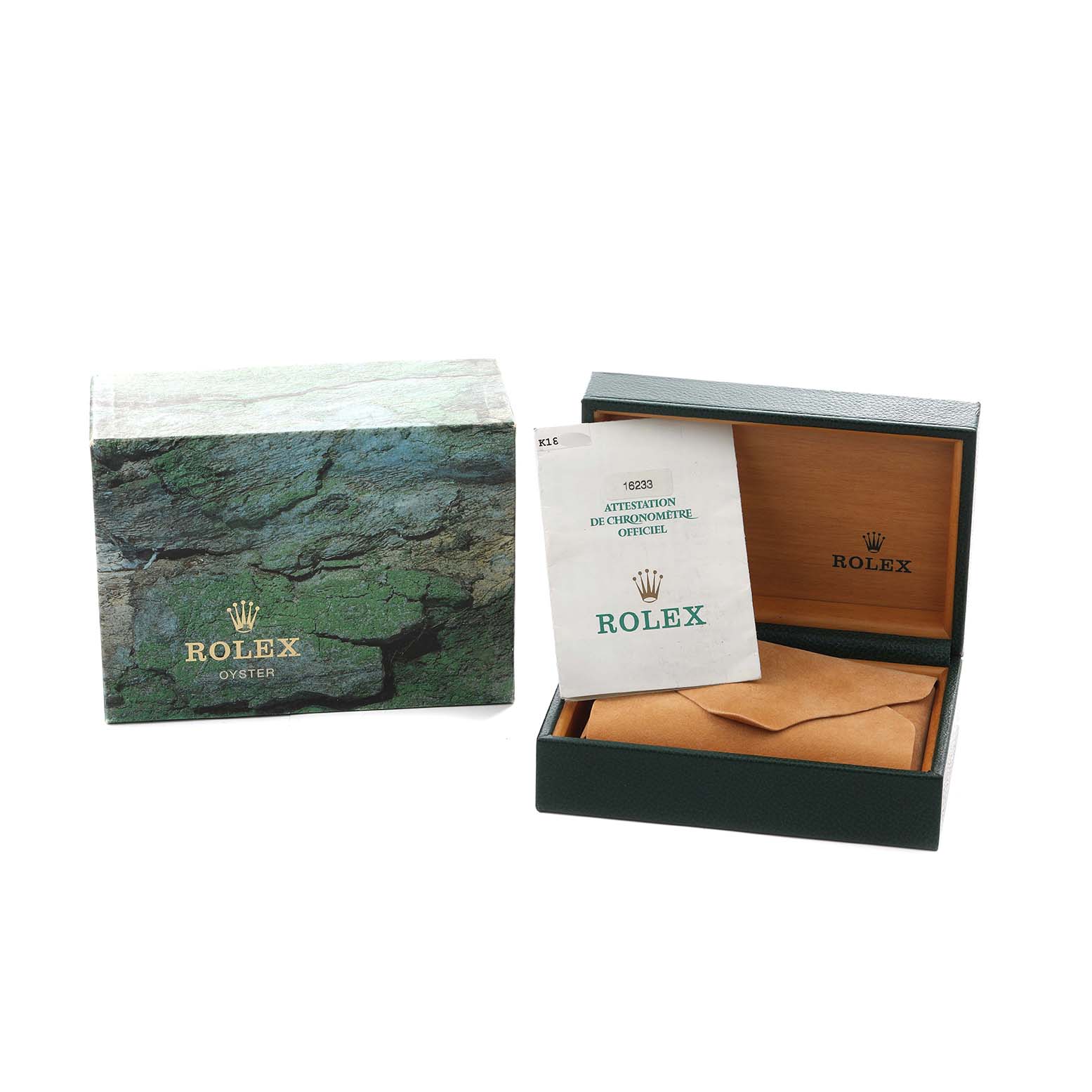 The image shows a Rolex Datejust 16233 Men
s Steel and Gold (two tone) Mother of Pearl Dial box set with a closed outer box and an open inner box revealing documents.