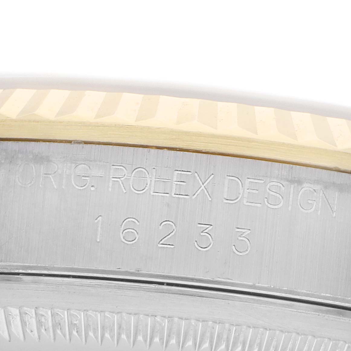 The image shows a side view of the Rolex Datejust 16233 Men
s Steel and Gold (two tone) Mother of Pearl Dial model, featuring the engraved bezel and model number 16233.