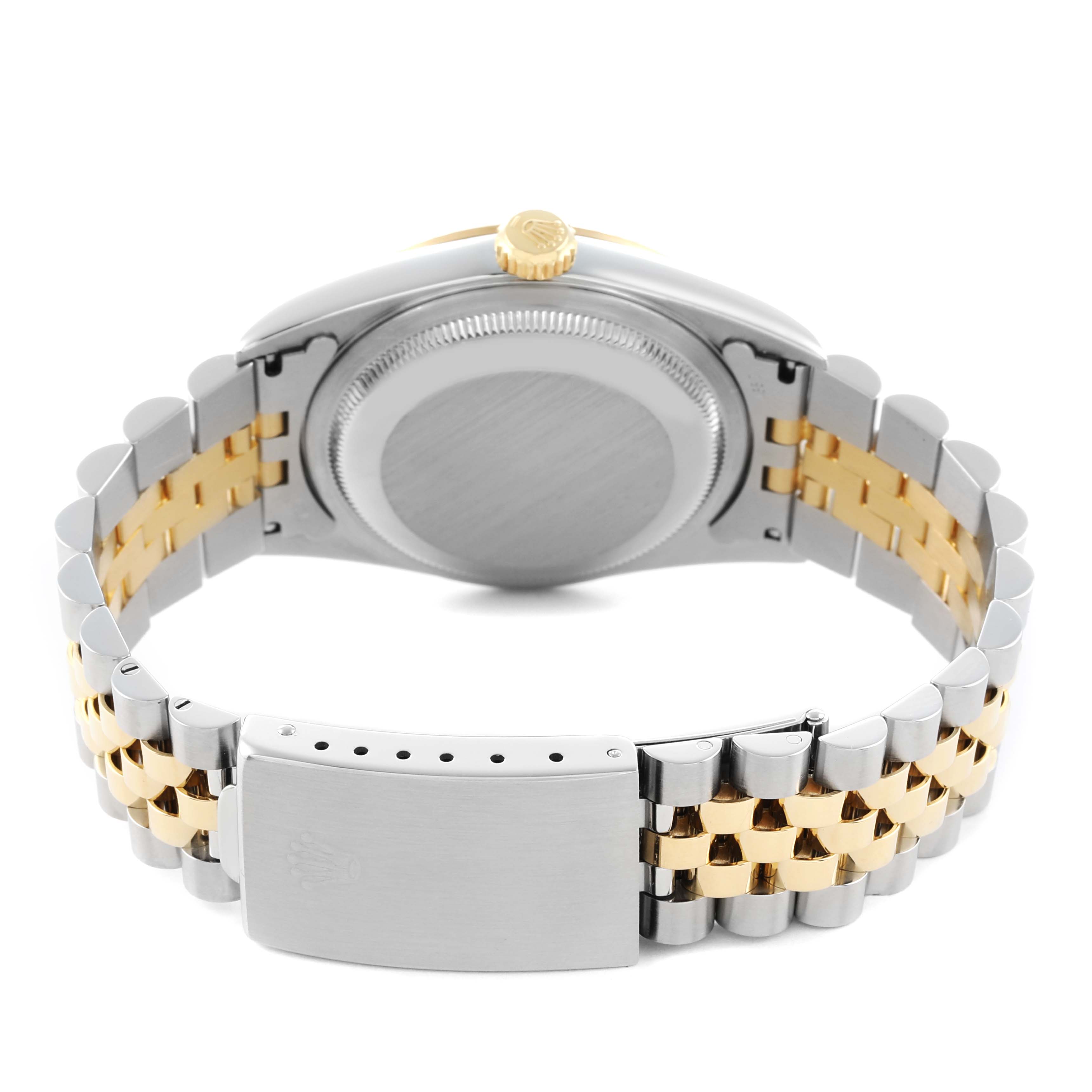 The image shows the back and bracelet of a Rolex Datejust 16233 Men
s Steel and Gold (two tone) Mother of Pearl Dial watch, highlighting the two-tone metal finish.