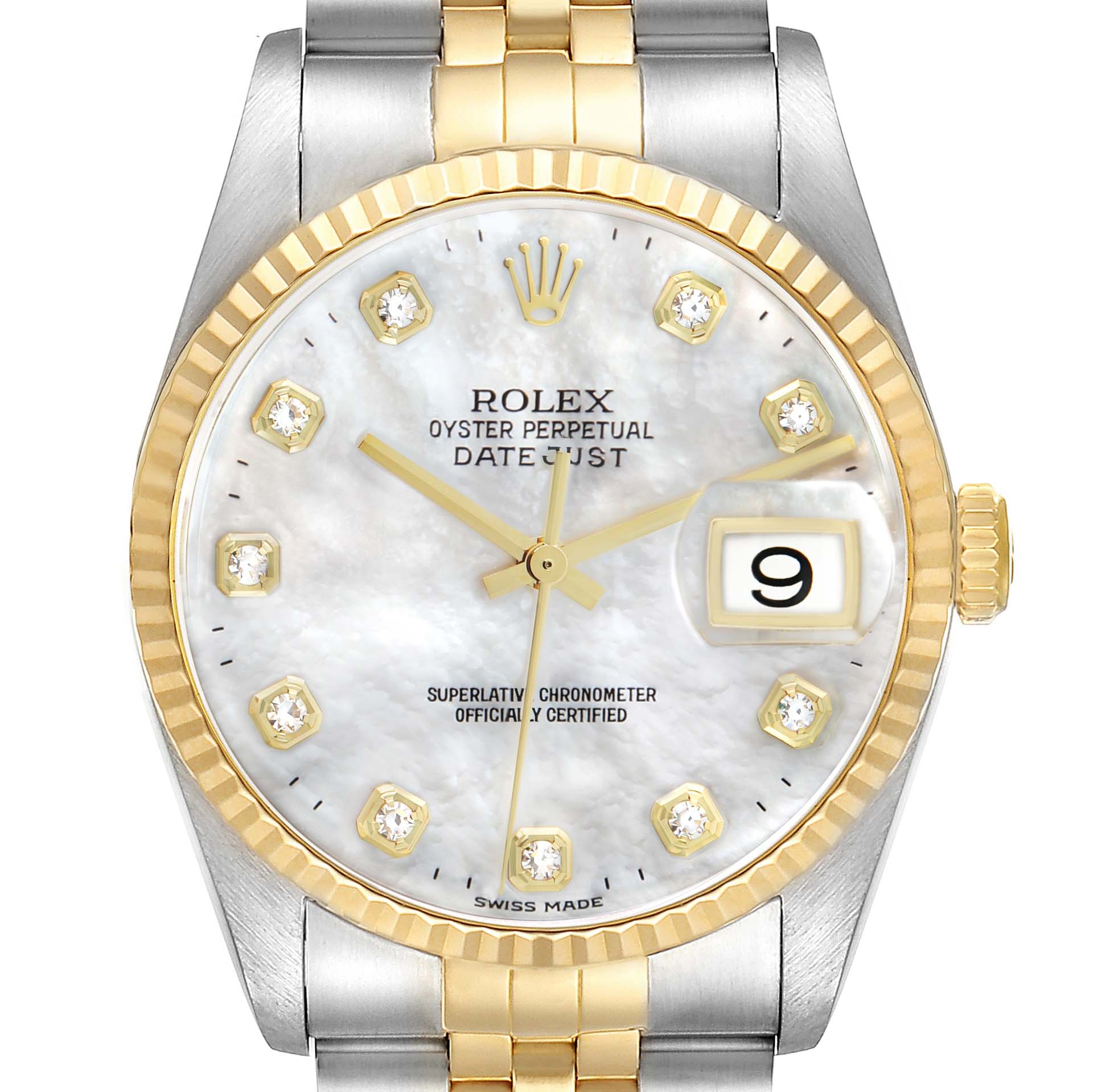 The Rolex Datejust 16233 Men
s Steel and Gold (two tone) Mother of Pearl Dial watch is shown from the front, highlighting the dial, bezel, bracelet, and crown.