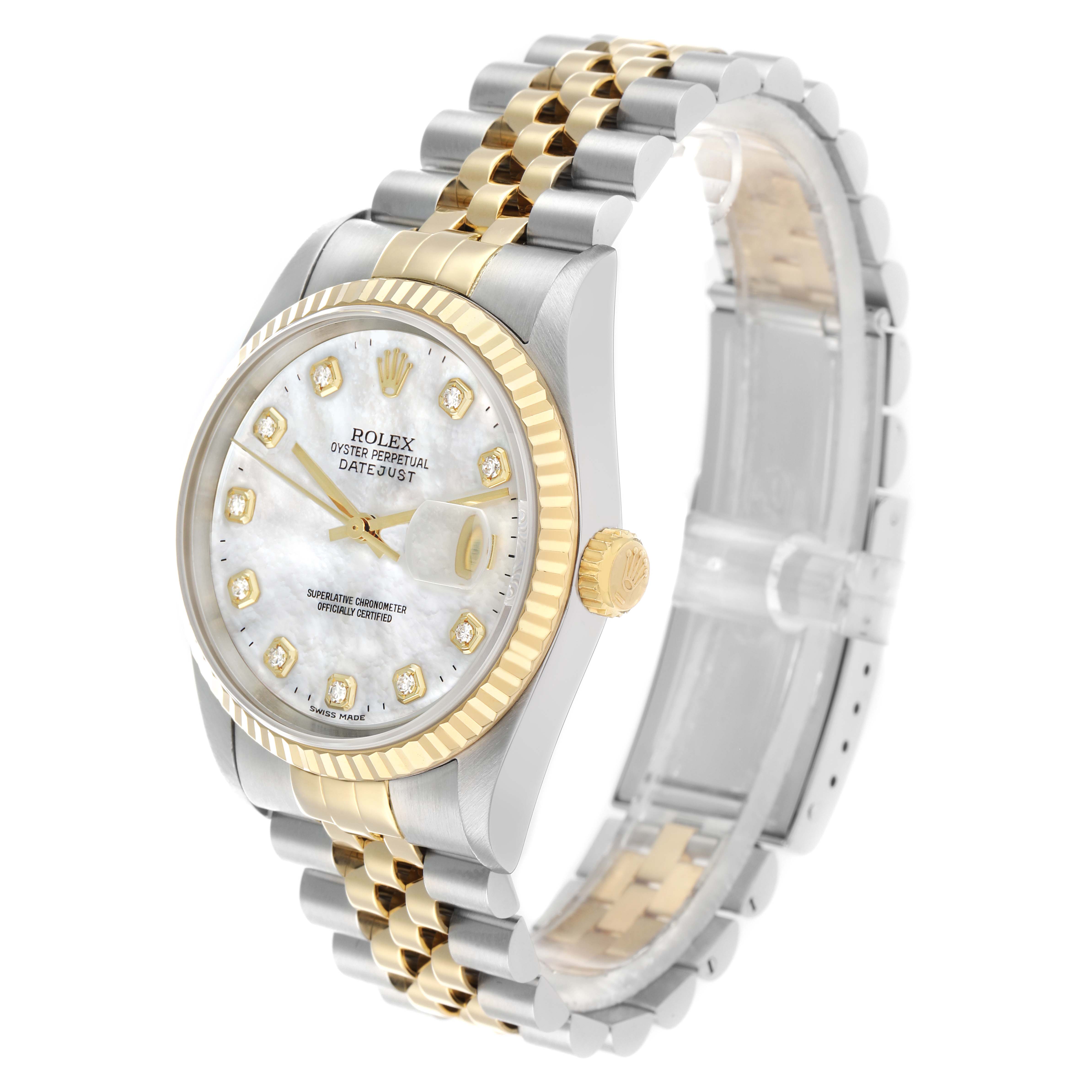 The Rolex Datejust 16233 Men
s Steel and Gold (two tone) Mother of Pearl Dial watch is shown at a slight angle, displaying the dial, bezel, crown, and bracelet.