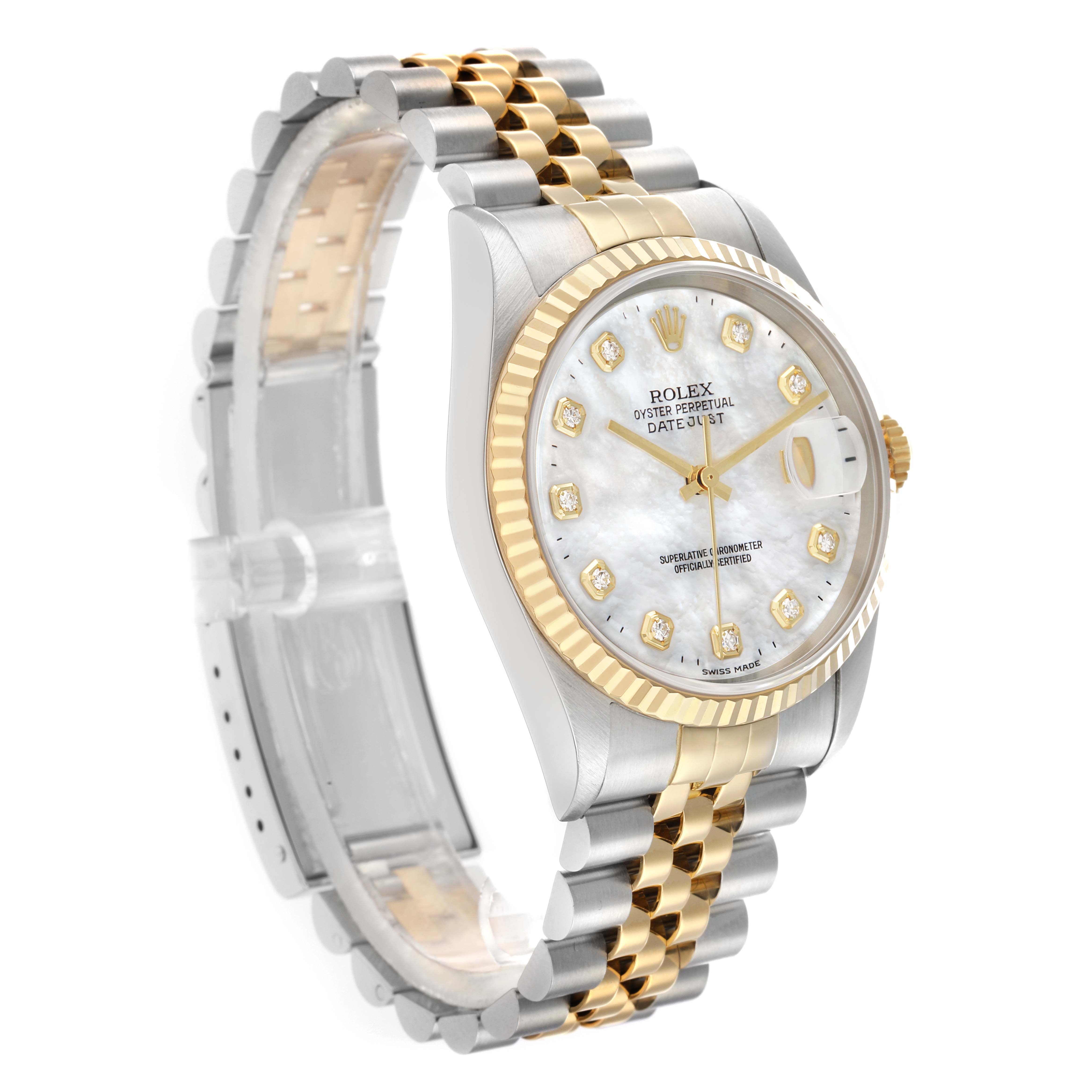 The Rolex Datejust 16233 Men
s Steel and Gold (two tone) Mother of Pearl Dial watch is shown at a three-quarter angle, showcasing its dial, bezel, and two-tone Jubilee bracelet.