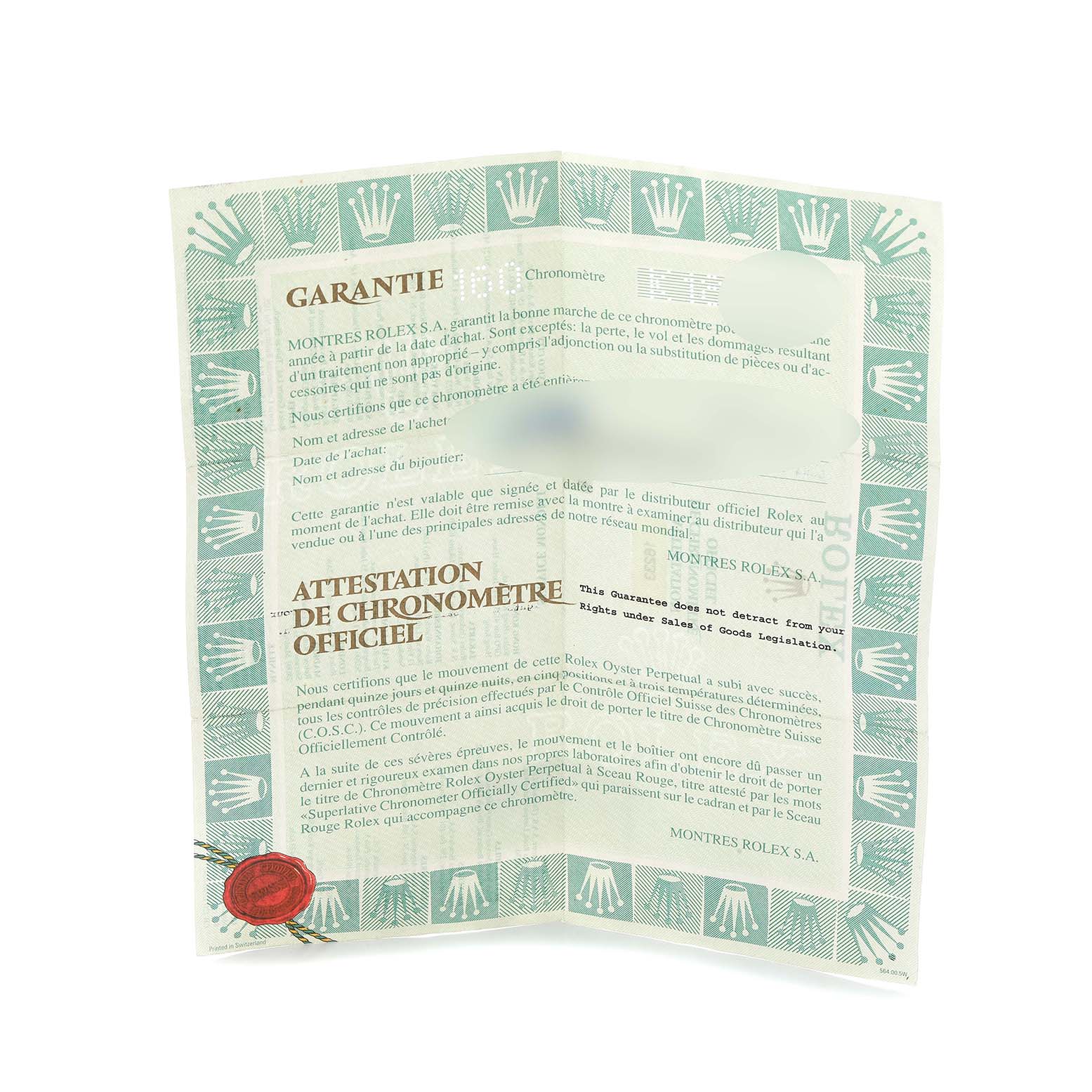 The image shows a warranty certificate for the Rolex Datejust 16233 Men
s Steel and Gold (two tone) Mother of Pearl Dial, featuring green borders with crown patterns and a red seal.