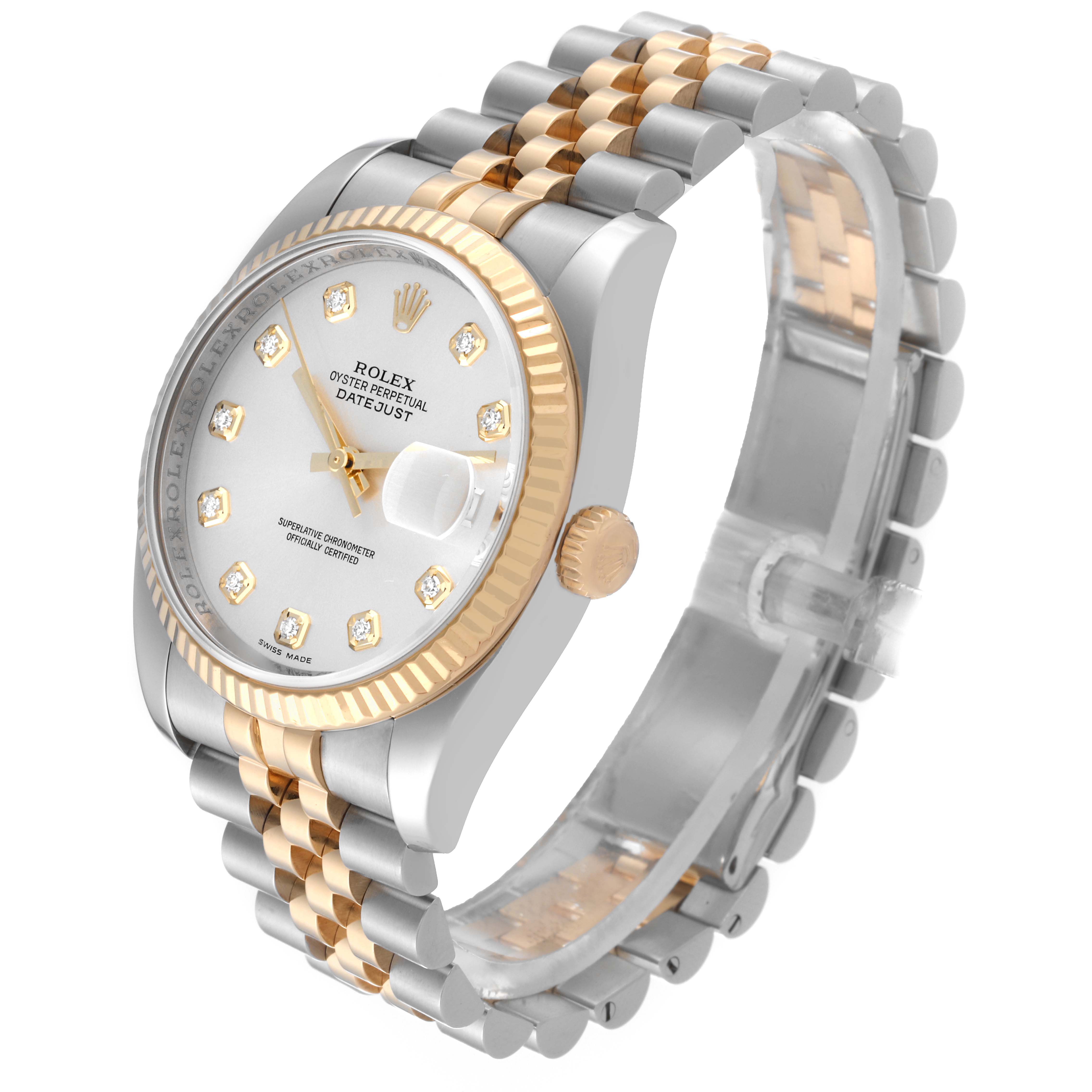 The Rolex Datejust 116233 Men
s Steel and Gold (two tone) Silver Dial 116233 Men
s Steel and Gold (two tone) Silver Dial watch is shown at an angled view, displaying the face, bezel, crown, and bracelet.