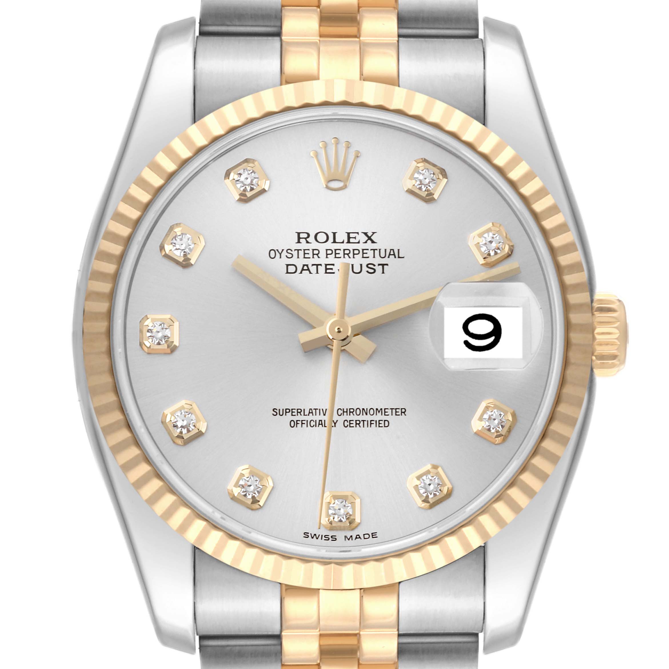The image shows a front view of a Rolex Datejust 116233 Men
s Steel and Gold (two tone) Silver Dial 116233 Men
s Steel and Gold (two tone) Silver Dial watch, including its dial, bezel, and part of the bracelet.