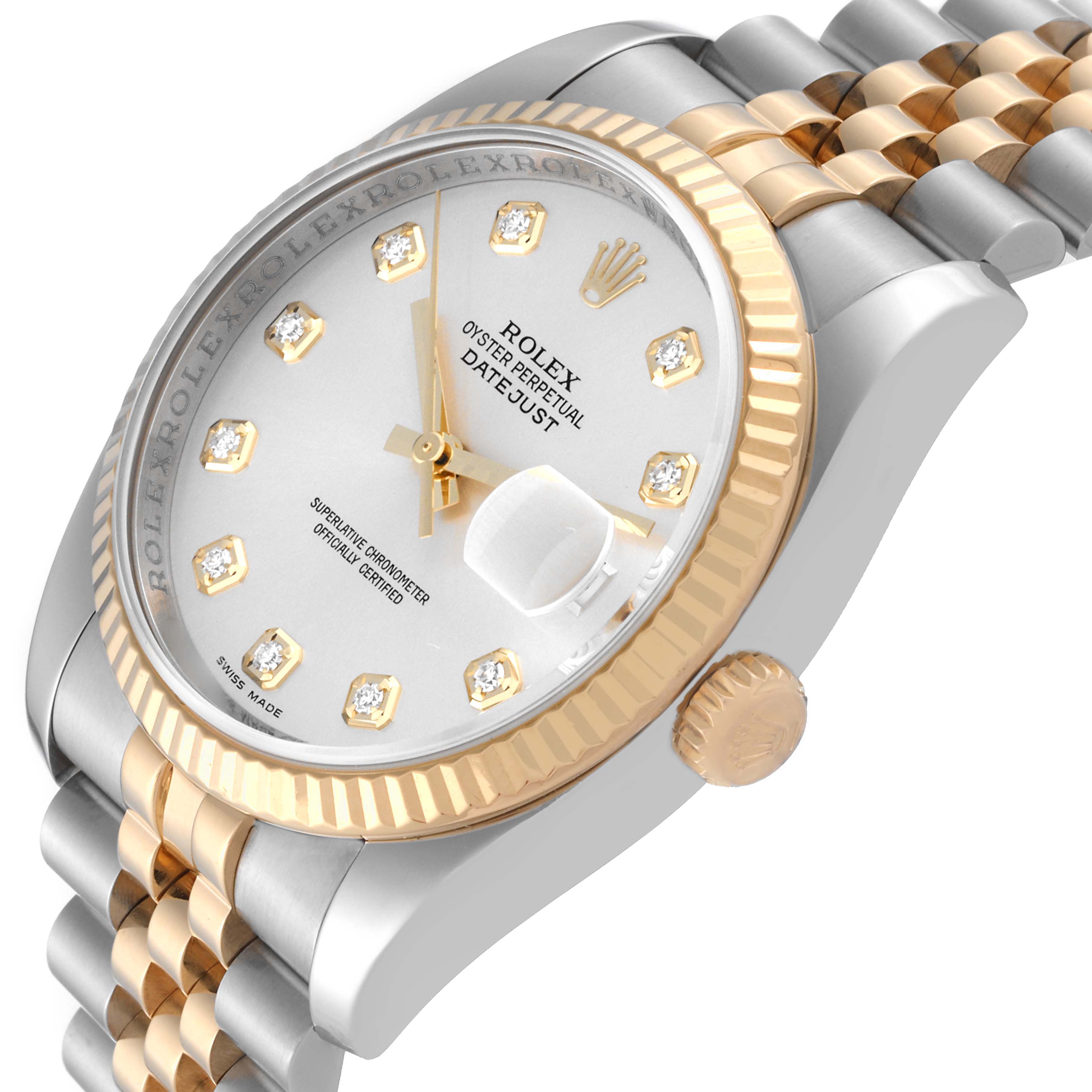 The Rolex Datejust 116233 Men
s Steel and Gold (two tone) Silver Dial 116233 Men
s Steel and Gold (two tone) Silver Dial watch is shown from an angled side view, highlighting the dial, two-tone bezel, crown, and part of the bracelet.