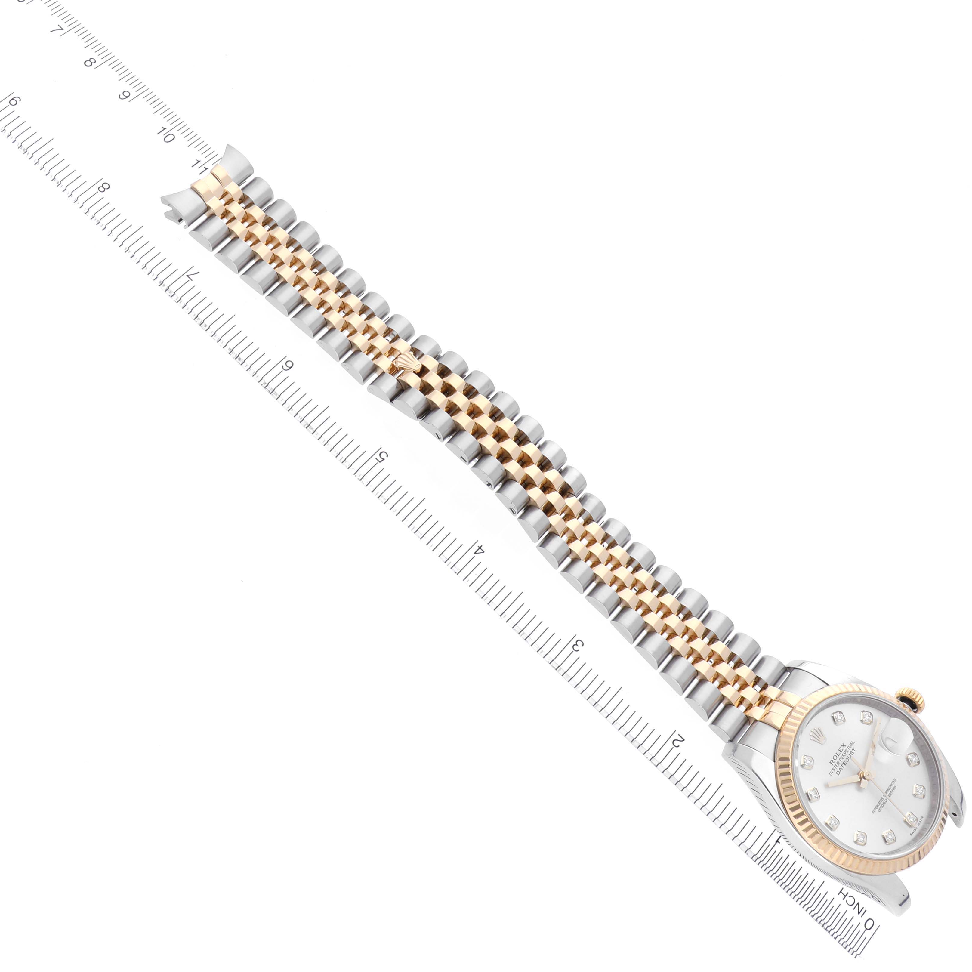 The Rolex Datejust 116233 Men
s Steel and Gold (two tone) Silver Dial 116233 Men
s Steel and Gold (two tone) Silver Dial watch is shown from an overhead angle, displaying the bracelet and part of the dial.