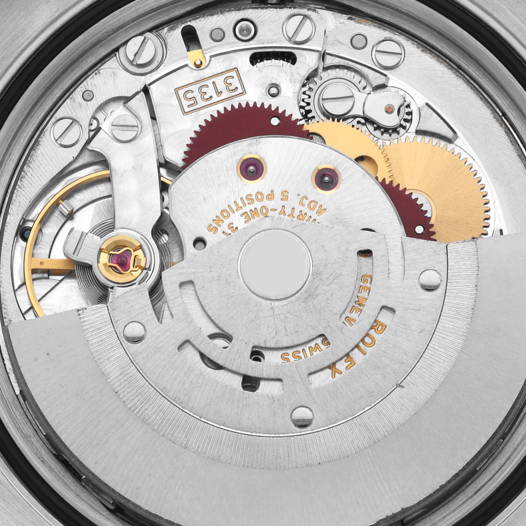 The image shows the intricate movement mechanism of a Rolex Datejust 116233 Men
s Steel and Gold (two tone) Silver Dial 116233 Men
s Steel and Gold (two tone) Silver Dial watch from a top-down angle.