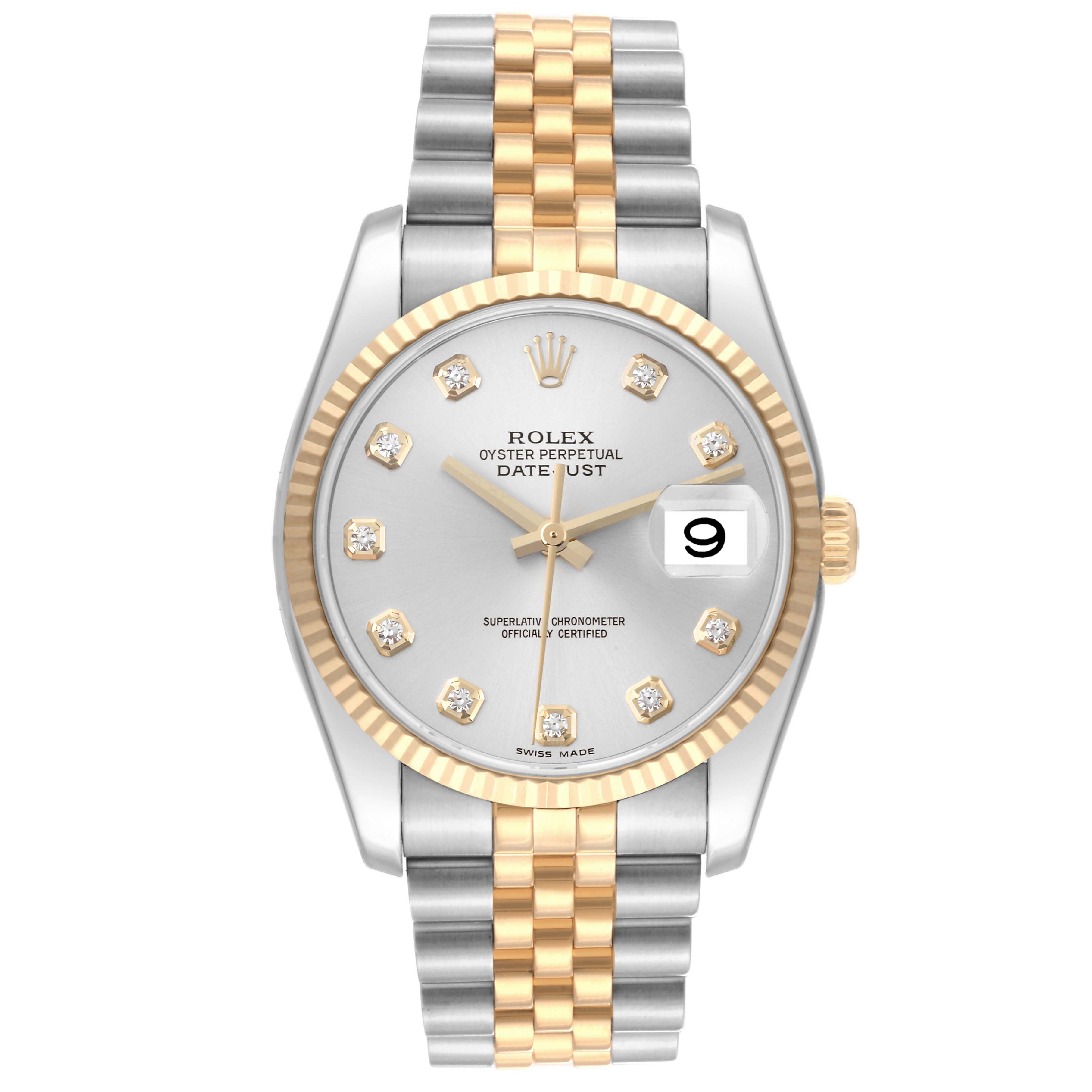 The Rolex Datejust 116233 Men
s Steel and Gold (two tone) Silver Dial 116233 Men
s Steel and Gold (two tone) Silver Dial is shown from the front, displaying the dial, hands, date, and jubilee bracelet.