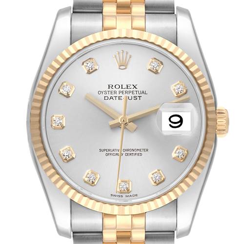 This image shows a frontal close-up of the Rolex Datejust watch face and part of the bracelet.