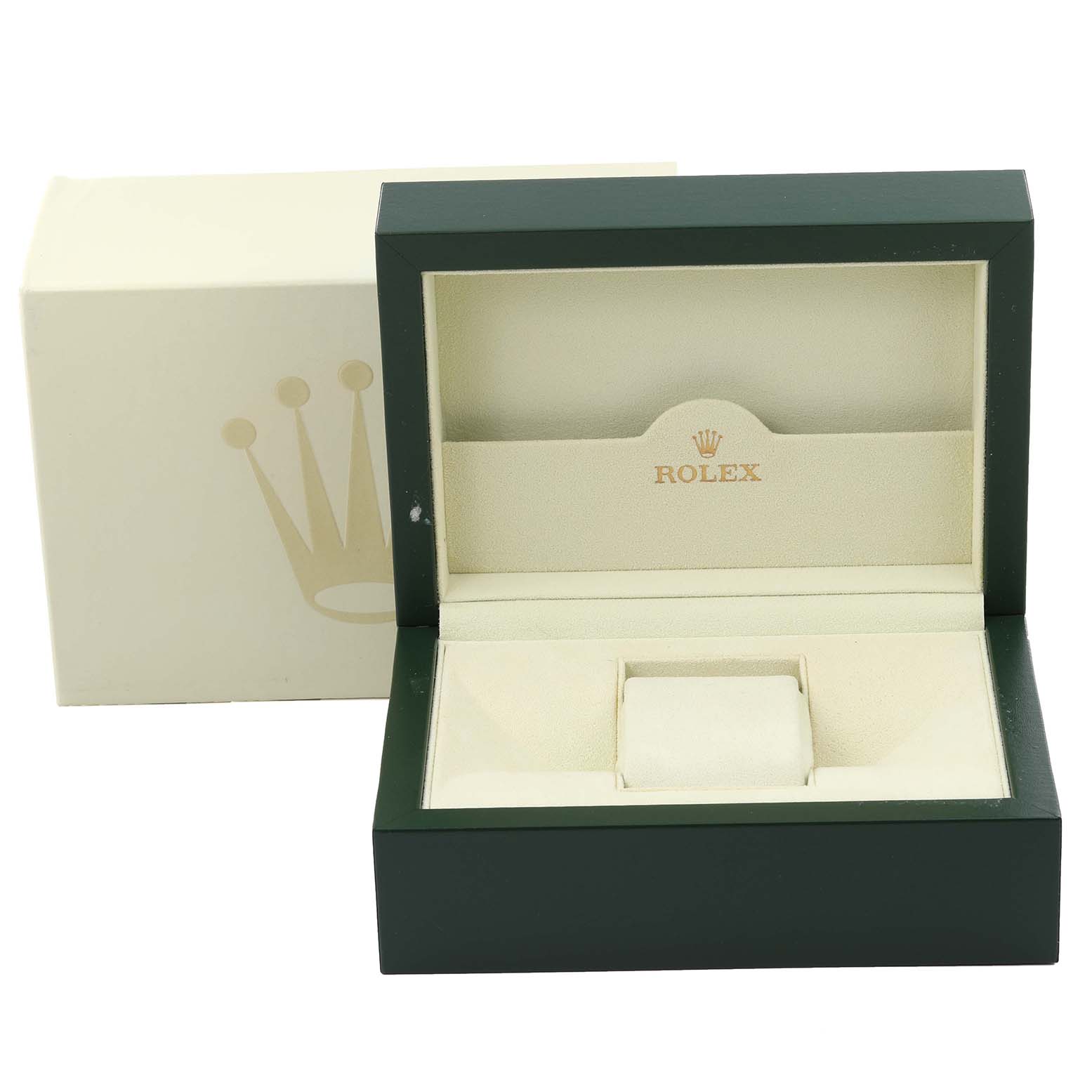 The image shows a Rolex Datejust 116233 Men
s Steel and Gold (two tone) Silver Dial 116233 Men
s Steel and Gold (two tone) Silver Dial watch box open at a slight angle, revealing the interior designed for the watch.