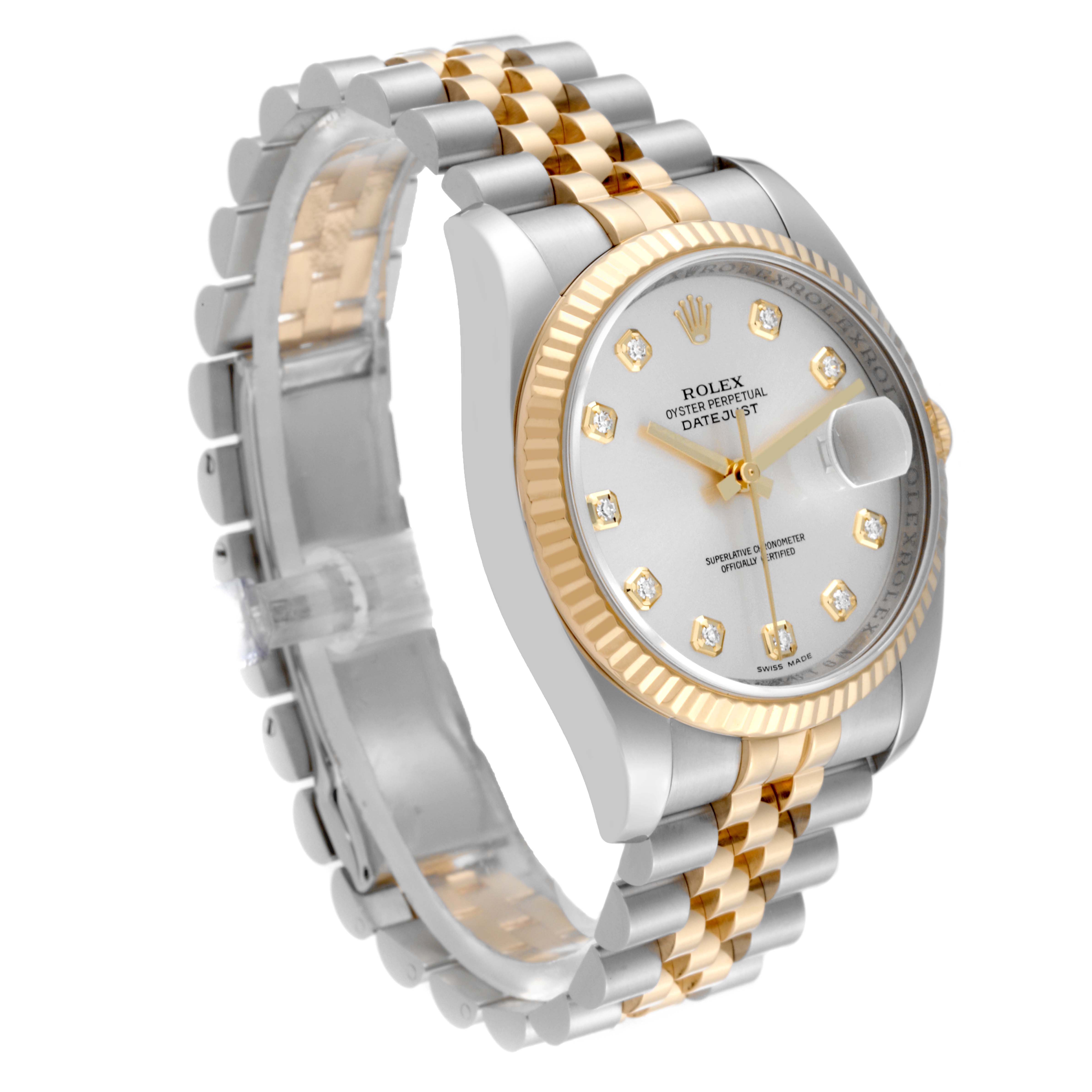 The Rolex Datejust 116233 Men
s Steel and Gold (two tone) Silver Dial 116233 Men
s Steel and Gold (two tone) Silver Dial is shown at a three-quarter angle, displaying the watch face, fluted bezel, and jubilee bracelet.
