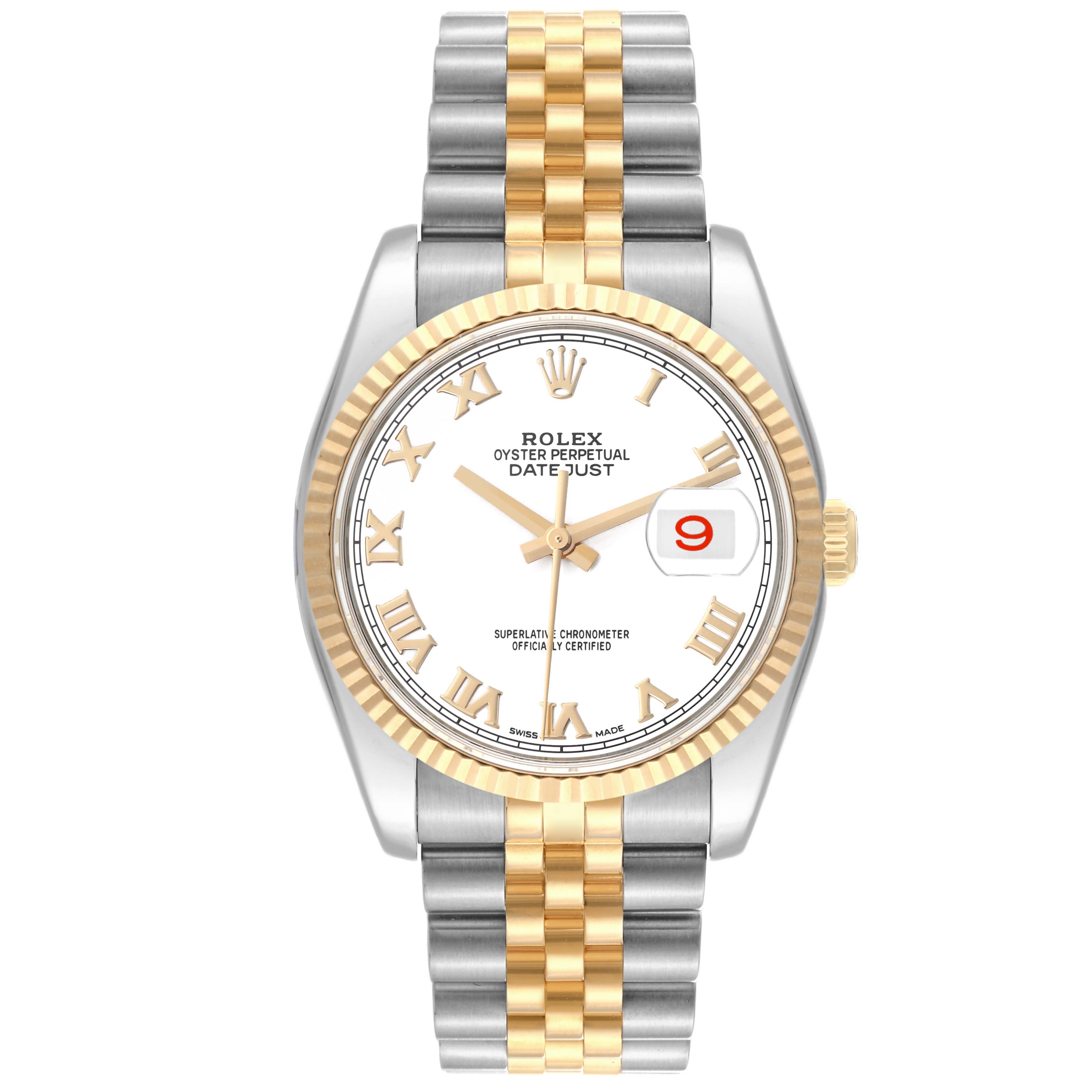 The image shows a Rolex Datejust 116233 Men's Steel and Gold (two tone) White Dial 116233 Men's Steel and Gold (two tone) White Dial watch from a front view, displaying its dual-tone bracelet and fluted bezel.