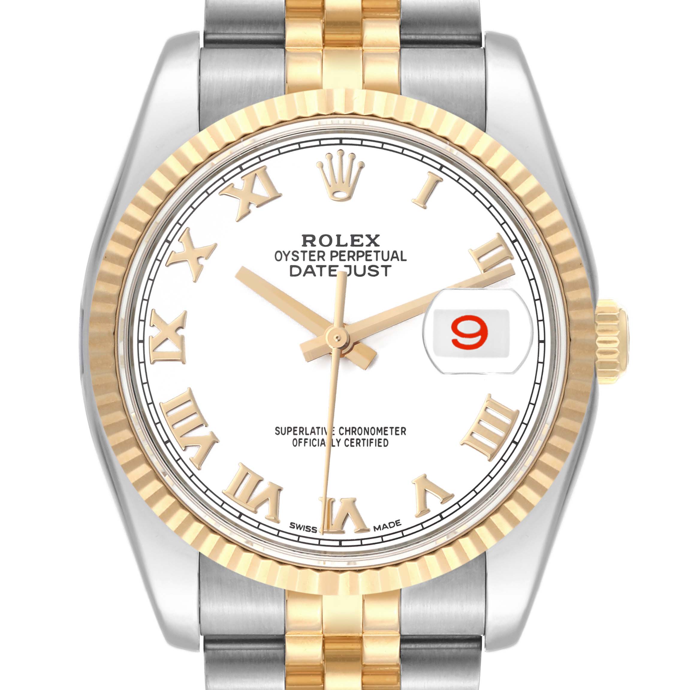 This image shows a front angle of a Rolex Datejust 116233 Men's Steel and Gold (two tone) White Dial 116233 Men's Steel and Gold (two tone) White Dial watch highlighting the bezel, crown, dial, hands, and bracelet.
