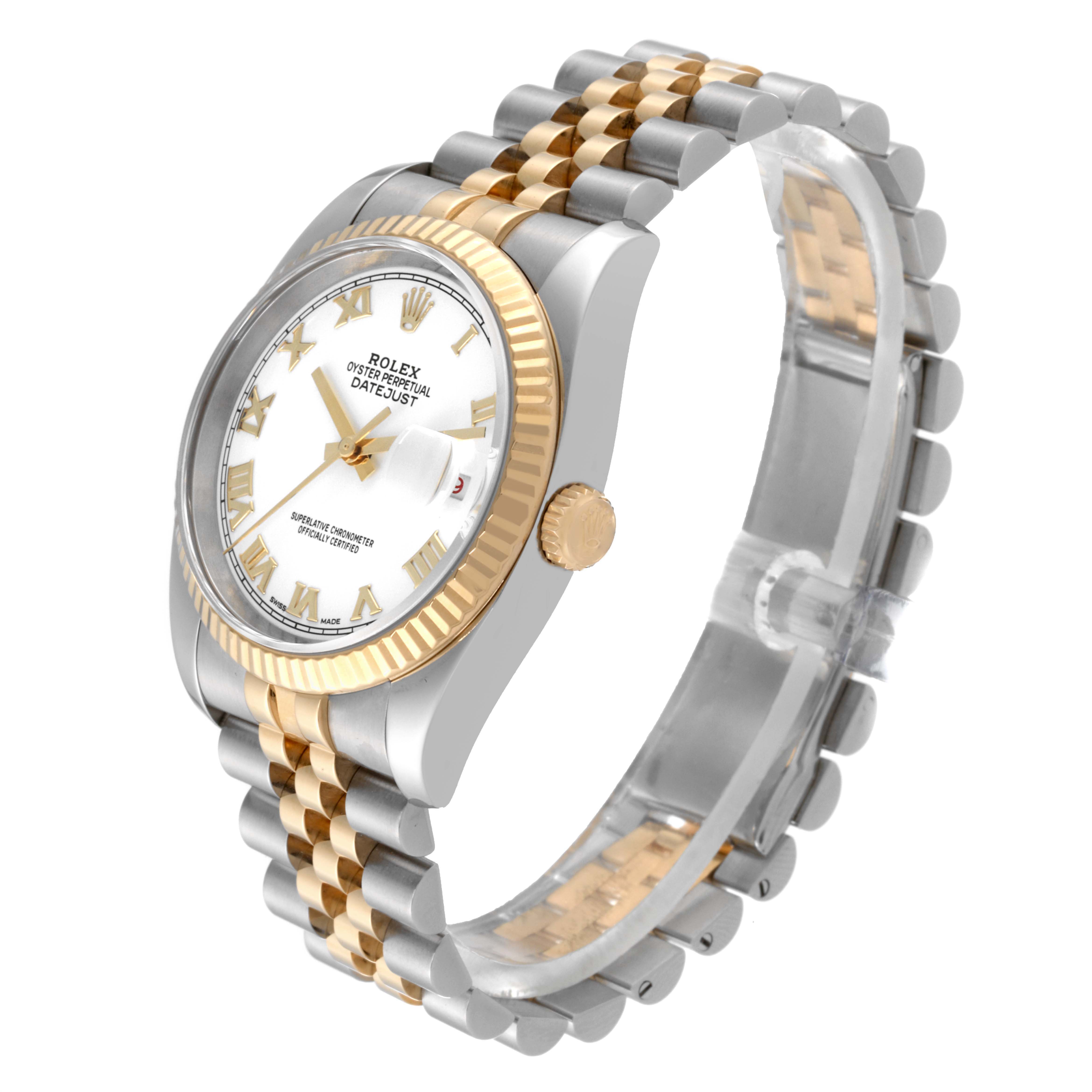 The Rolex Datejust 116233 Men's Steel and Gold (two tone) White Dial 116233 Men's Steel and Gold (two tone) White Dial watch is shown at a three-quarter angle, highlighting the dial, bezel, bracelet, and crown.