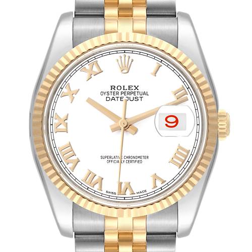 The image shows a front view of a Rolex Datejust watch featuring a white dial, gold Roman numerals, and two-tone bracelet.