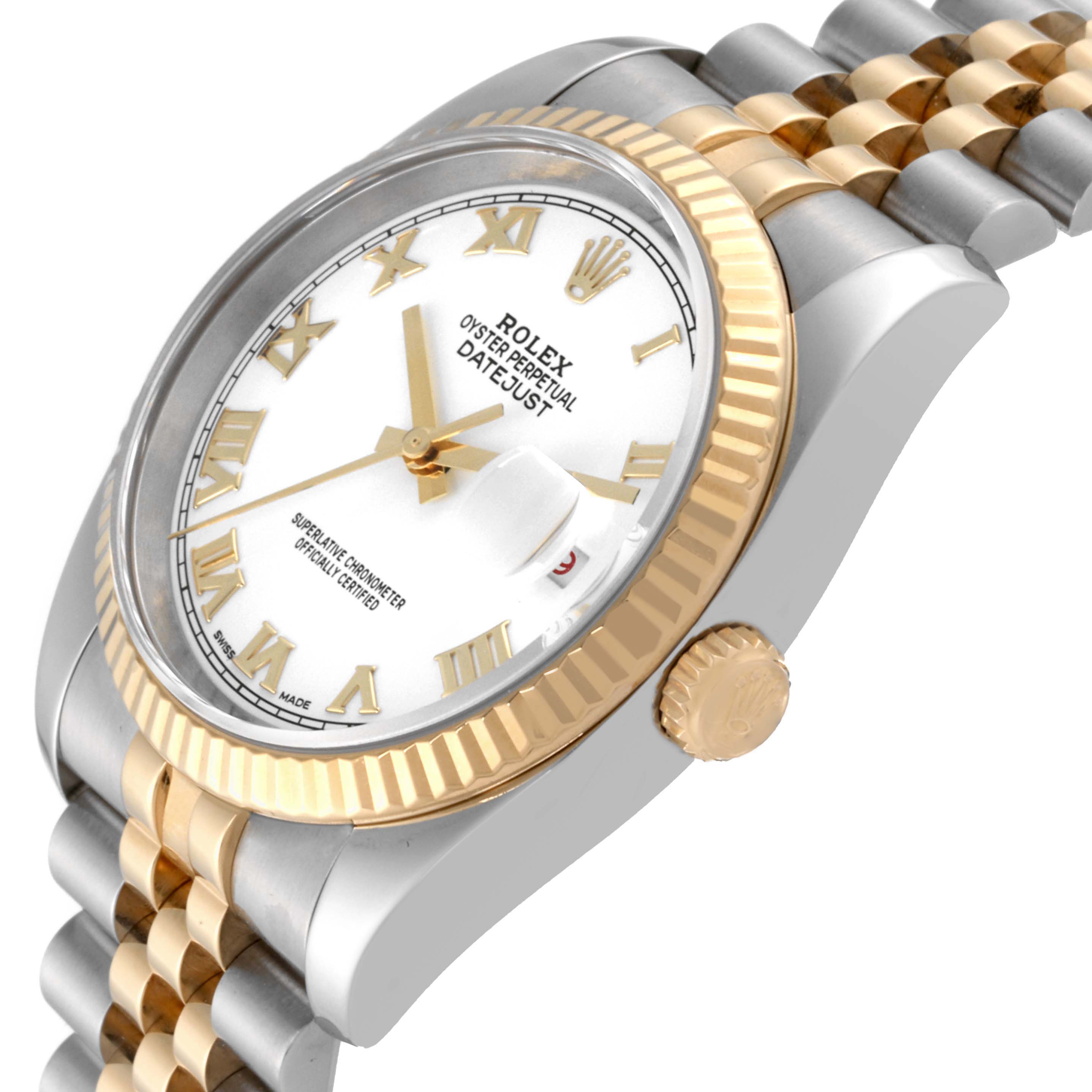 The image shows an angled view of a Rolex Datejust 116233 Men's Steel and Gold (two tone) White Dial 116233 Men's Steel and Gold (two tone) White Dial watch highlighting the dial, bezel, crown, and part of the bracelet.