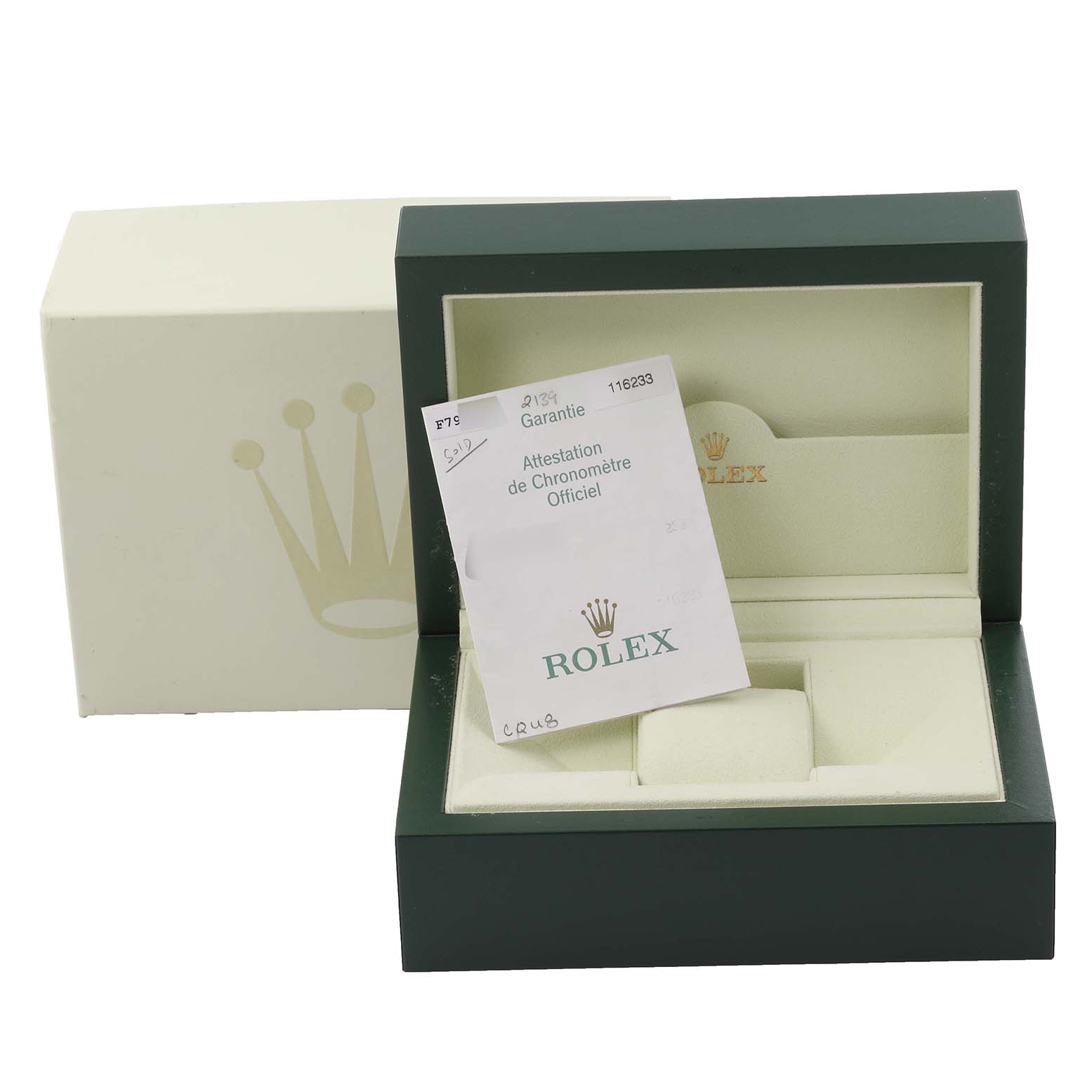 Rolex Datejust 116233 Men's Steel and Gold (two tone) White Dial 116233 Men's Steel and Gold (two tone) White Dial box and certificate are shown, with the box open to display the inner compartments.