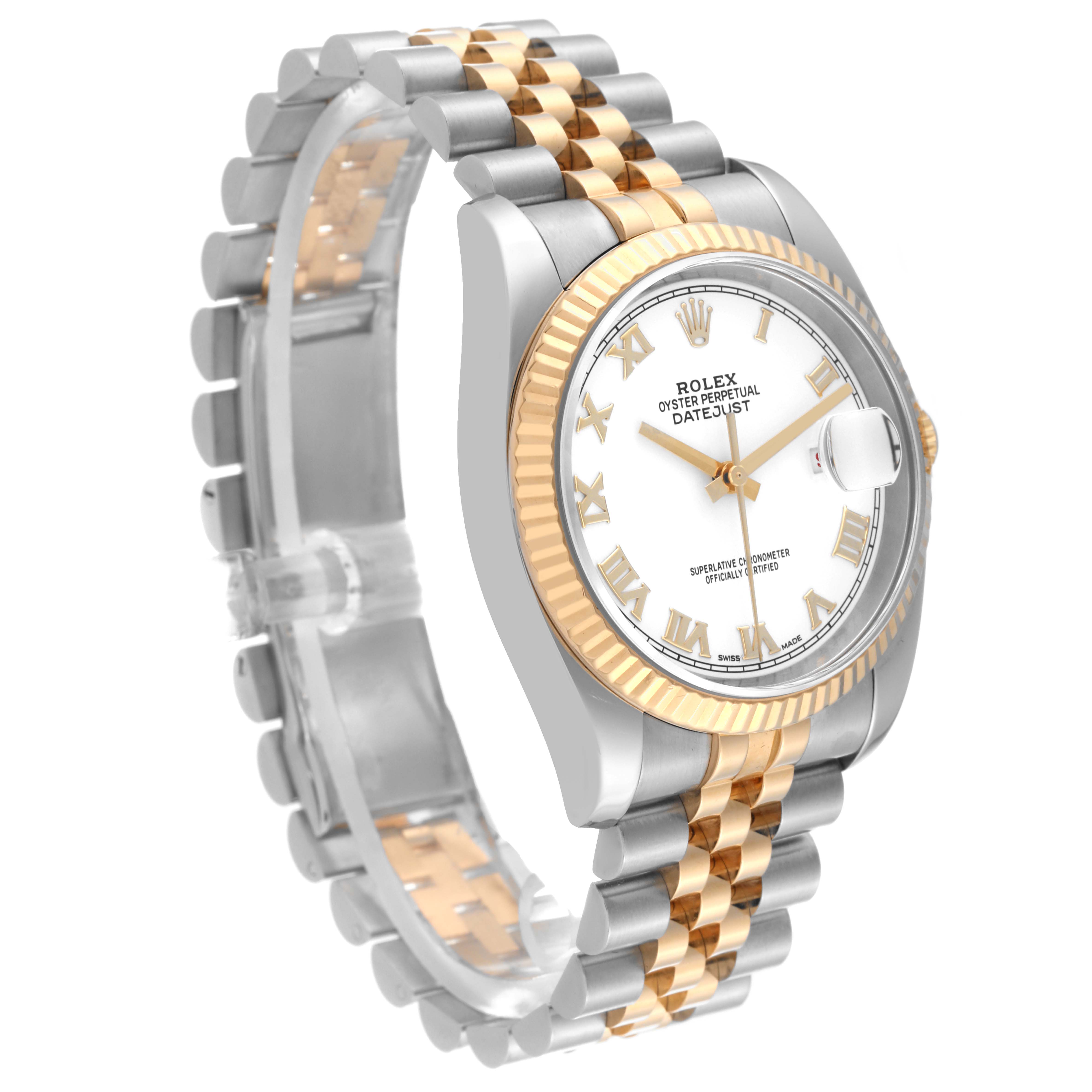 The image shows a Rolex Datejust 116233 Men's Steel and Gold (two tone) White Dial 116233 Men's Steel and Gold (two tone) White Dial watch at a side angle, highlighting its two-tone bracelet, fluted bezel, and white dial with Roman numerals.