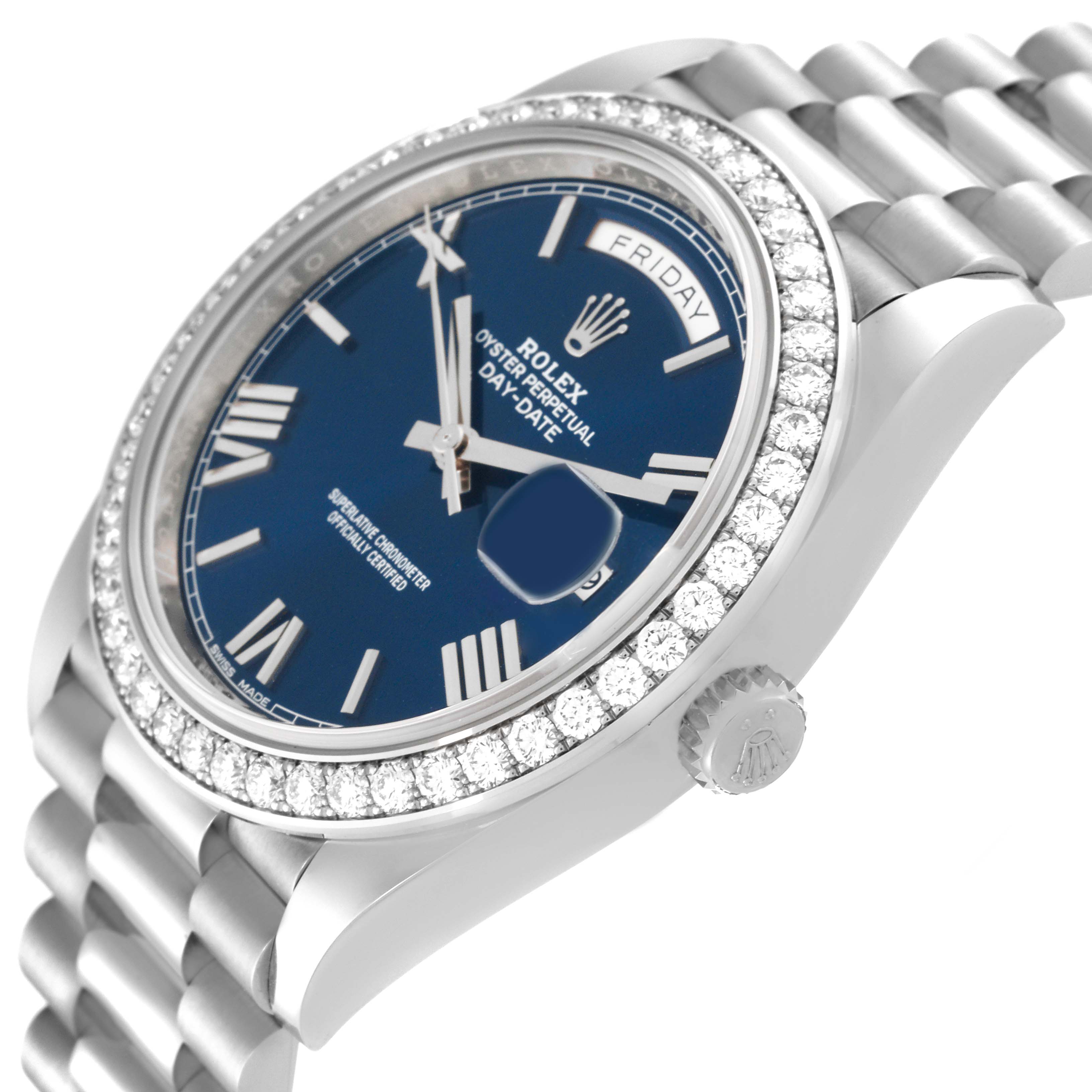 The Rolex President 228349RBR Men's White Gold Blue Dial 228349RBR Men's White Gold Blue Dial model watch is shown at a slight angled side view, highlighting the blue dial, diamond bezel, and bracelet.