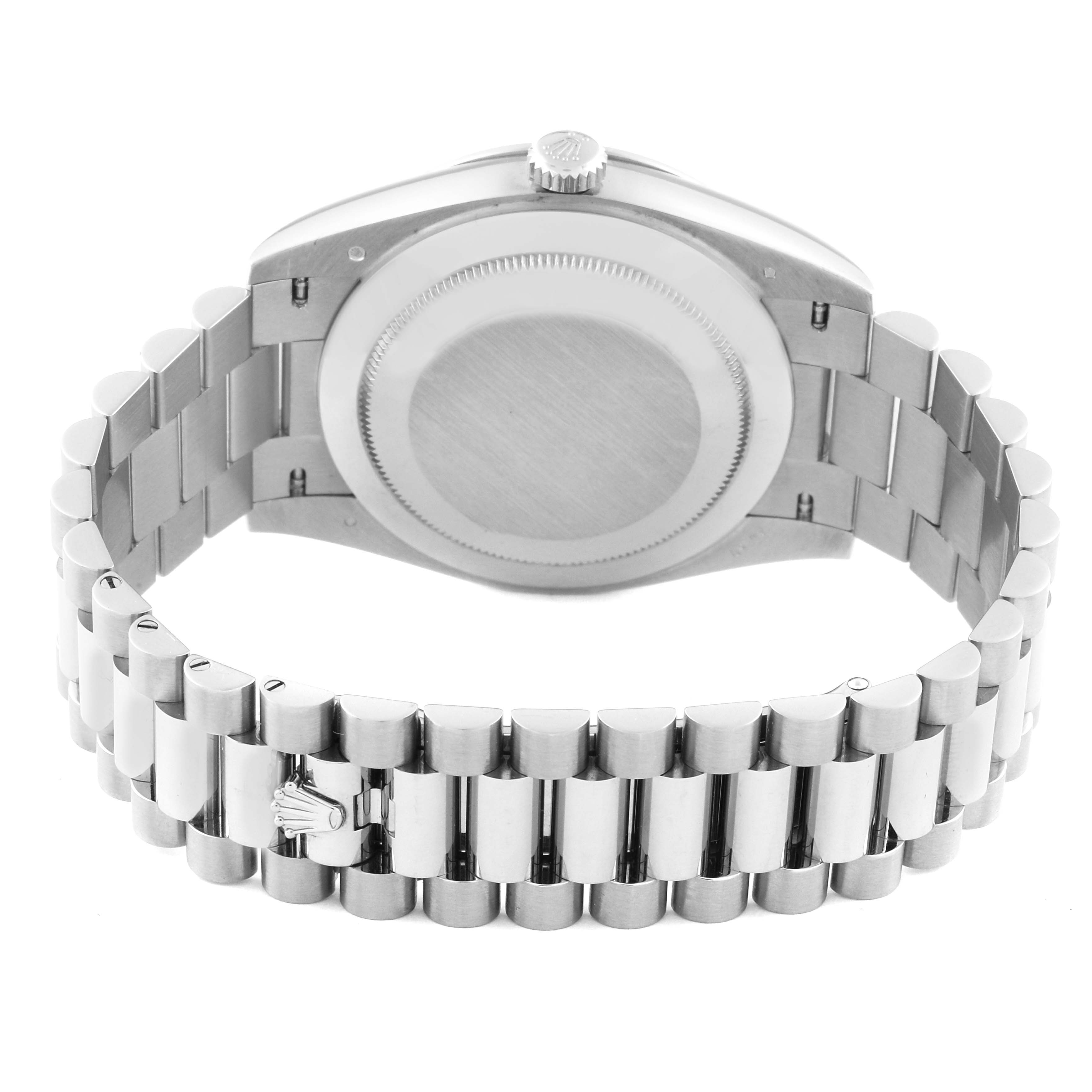 The image shows the back case and bracelet of the Rolex President 228349RBR Men's White Gold Blue Dial 228349RBR Men's White Gold Blue Dial model, viewed from the rear.