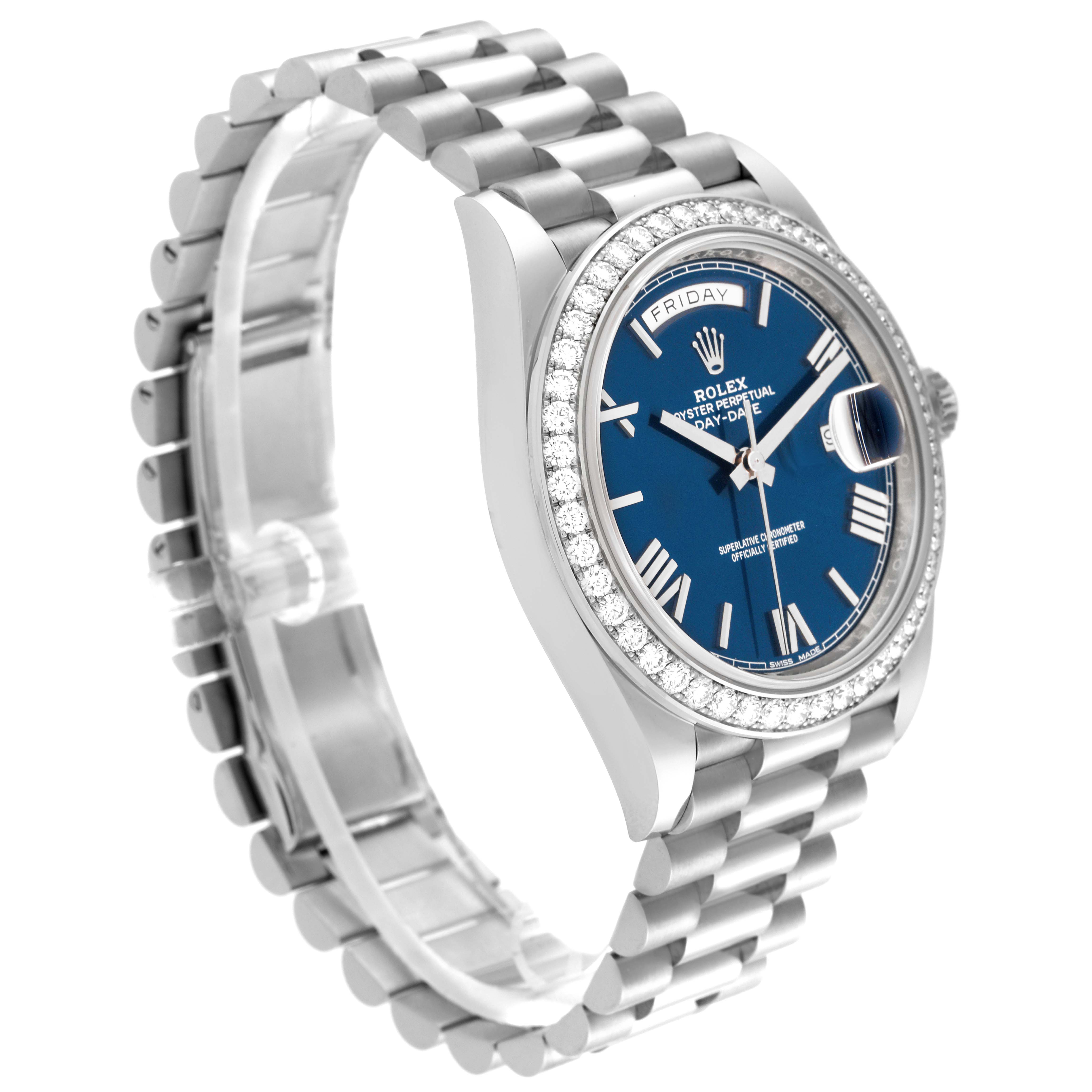 The Rolex President 228349RBR Men's White Gold Blue Dial 228349RBR Men's White Gold Blue Dial model watch is displayed at a three-quarter angle showing its face, bezel, and entirety of the metal bracelet.