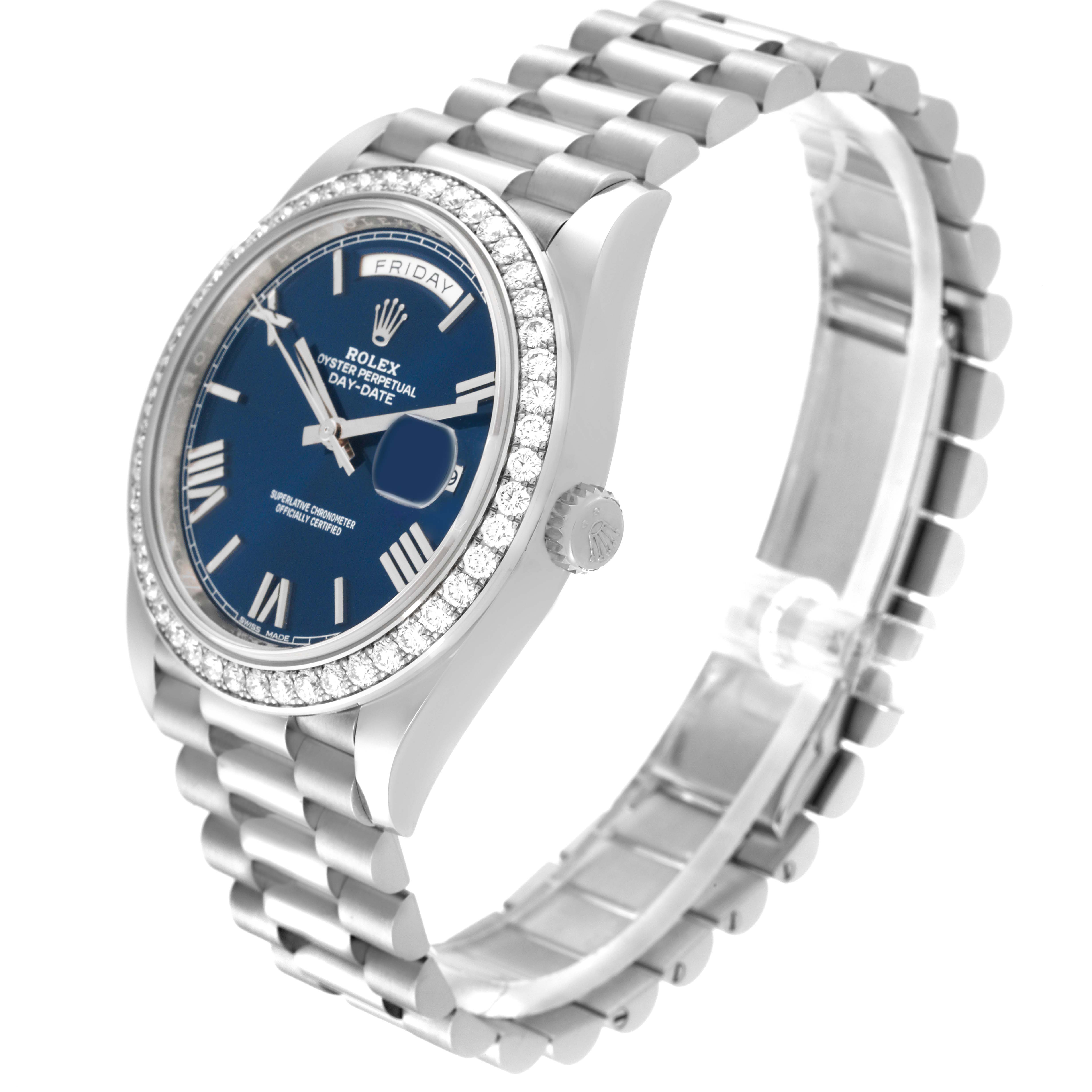 The Rolex President 228349RBR Men's White Gold Blue Dial 228349RBR Men's White Gold Blue Dial model is shown from a side angle, displaying the dial, bezel, crown, and bracelet.