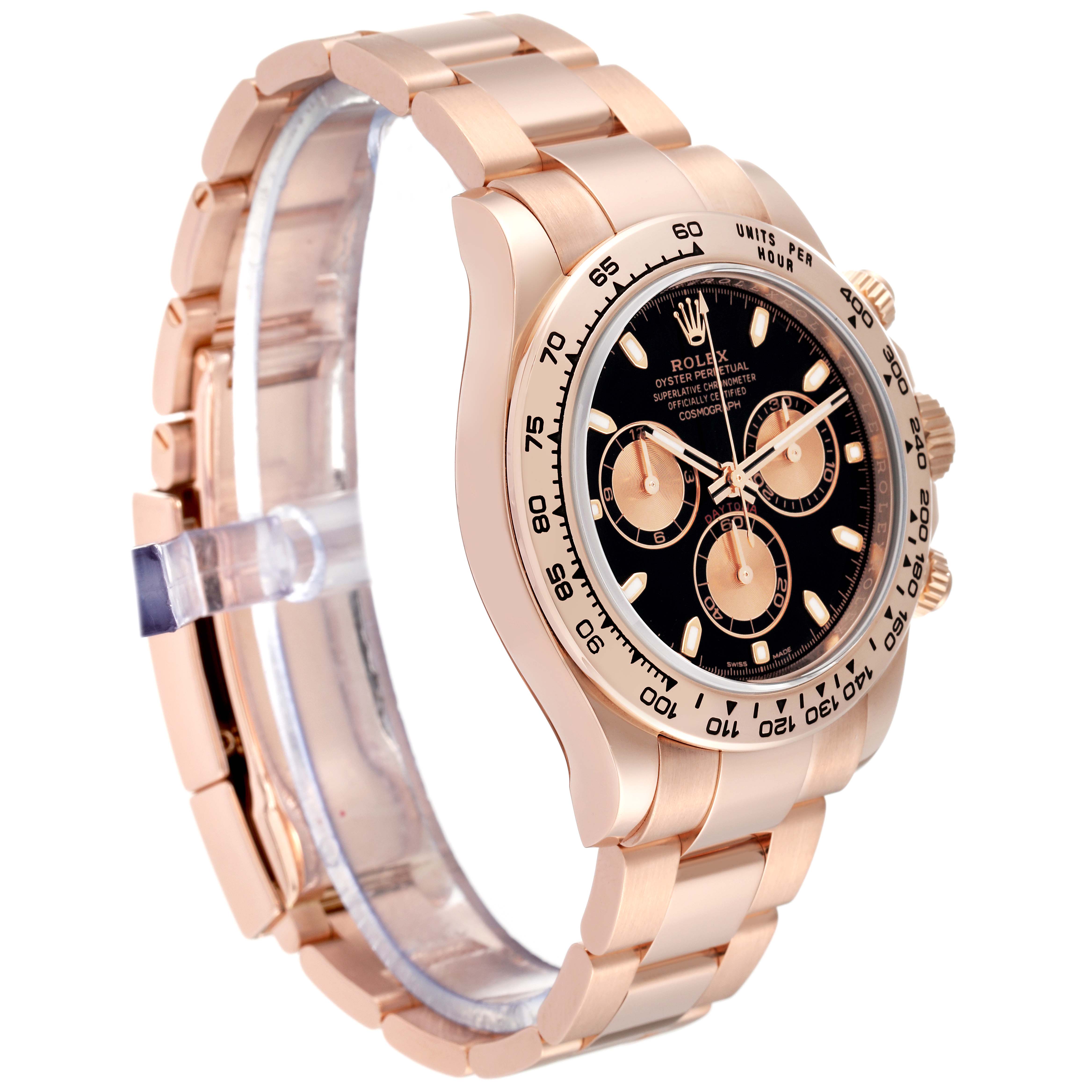 This image shows a side angle of a Rolex Daytona 116505 Men
s Rose Gold Black Dial 116505 Men
s Rose Gold Black Dial watch, displaying its bracelet, bezel, and dial clearly.