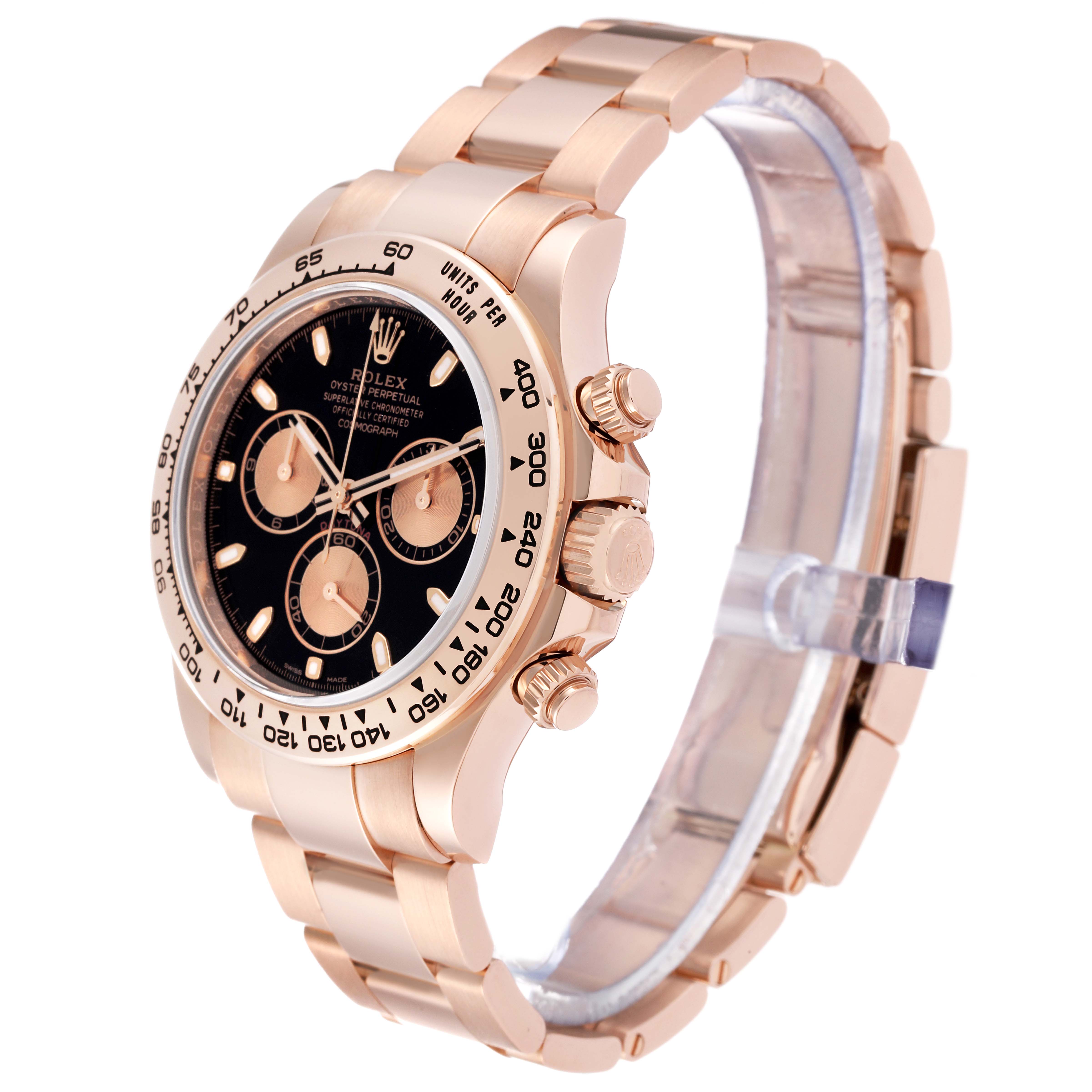 The image shows a Rolex Daytona 116505 Men
s Rose Gold Black Dial 116505 Men
s Rose Gold Black Dial watch at a three-quarter angle, highlighting the case, bracelet, crown, and chronograph pushers.