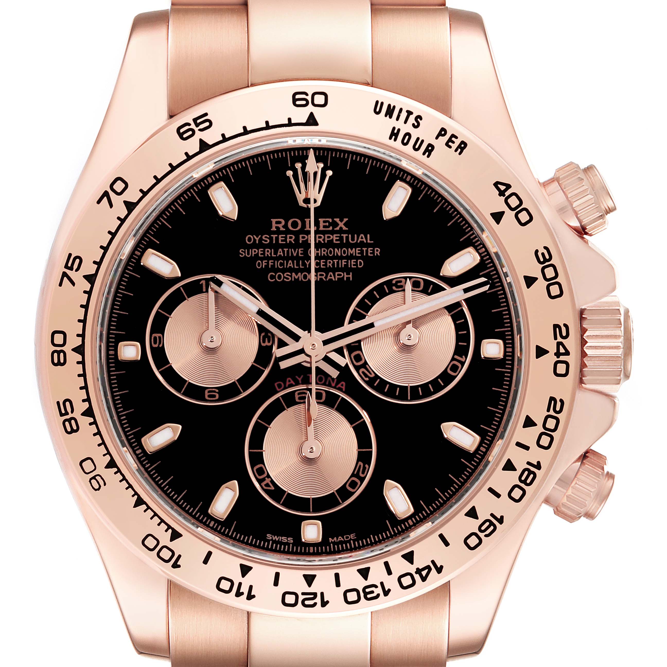 The image shows a front view of a Rolex Daytona 116505 Men
s Rose Gold Black Dial 116505 Men
s Rose Gold Black Dial watch, highlighting its dial, bezel, and chronograph subdials.