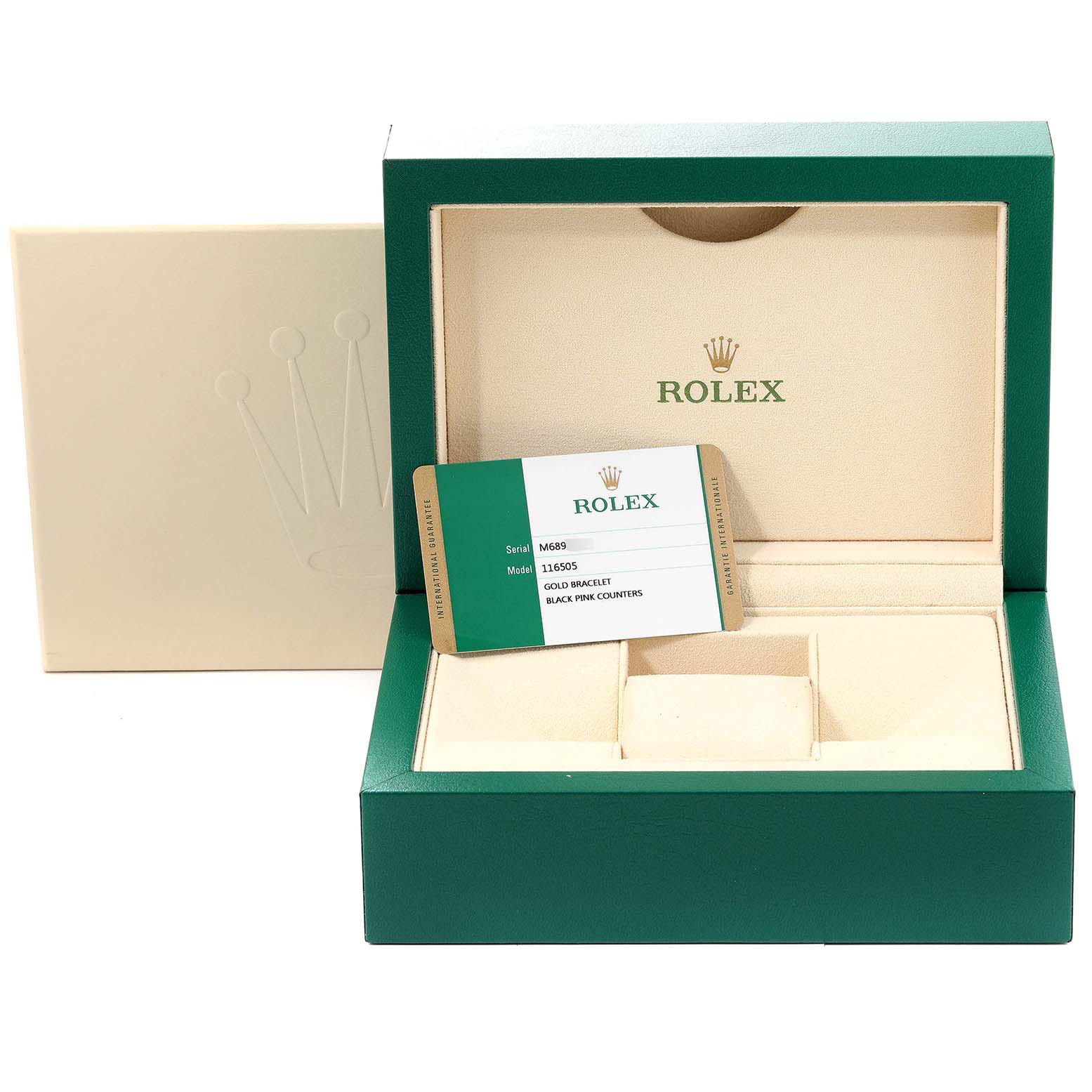 This image shows the opened box and warranty card for a Rolex Daytona 116505 Men
s Rose Gold Black Dial 116505 Men
s Rose Gold Black Dial watch.
