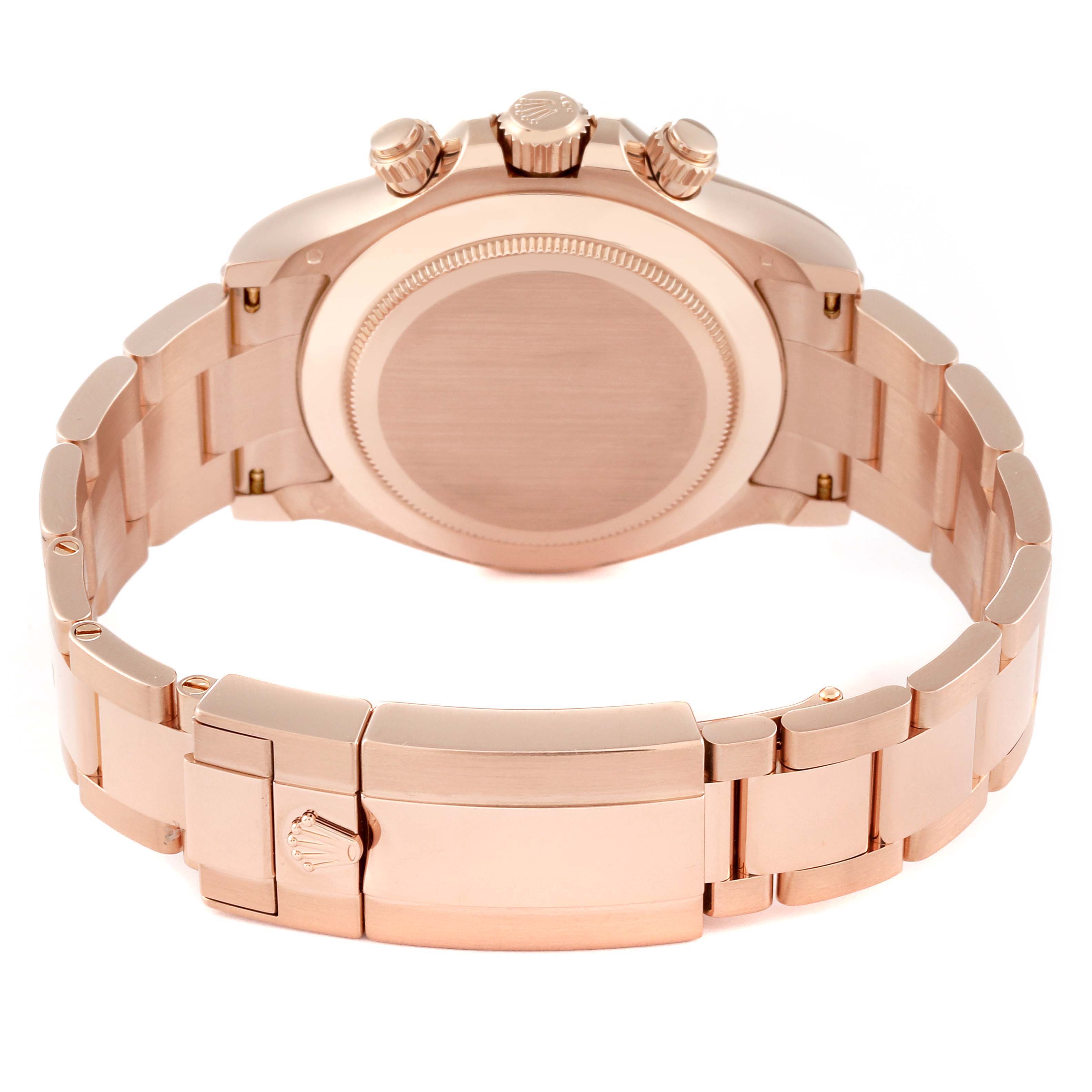 This image shows the back view of a Rolex Daytona 116505 Men
s Rose Gold Black Dial 116505 Men
s Rose Gold Black Dial watch, highlighting the case back, clasp, and bracelet in a rose gold finish.