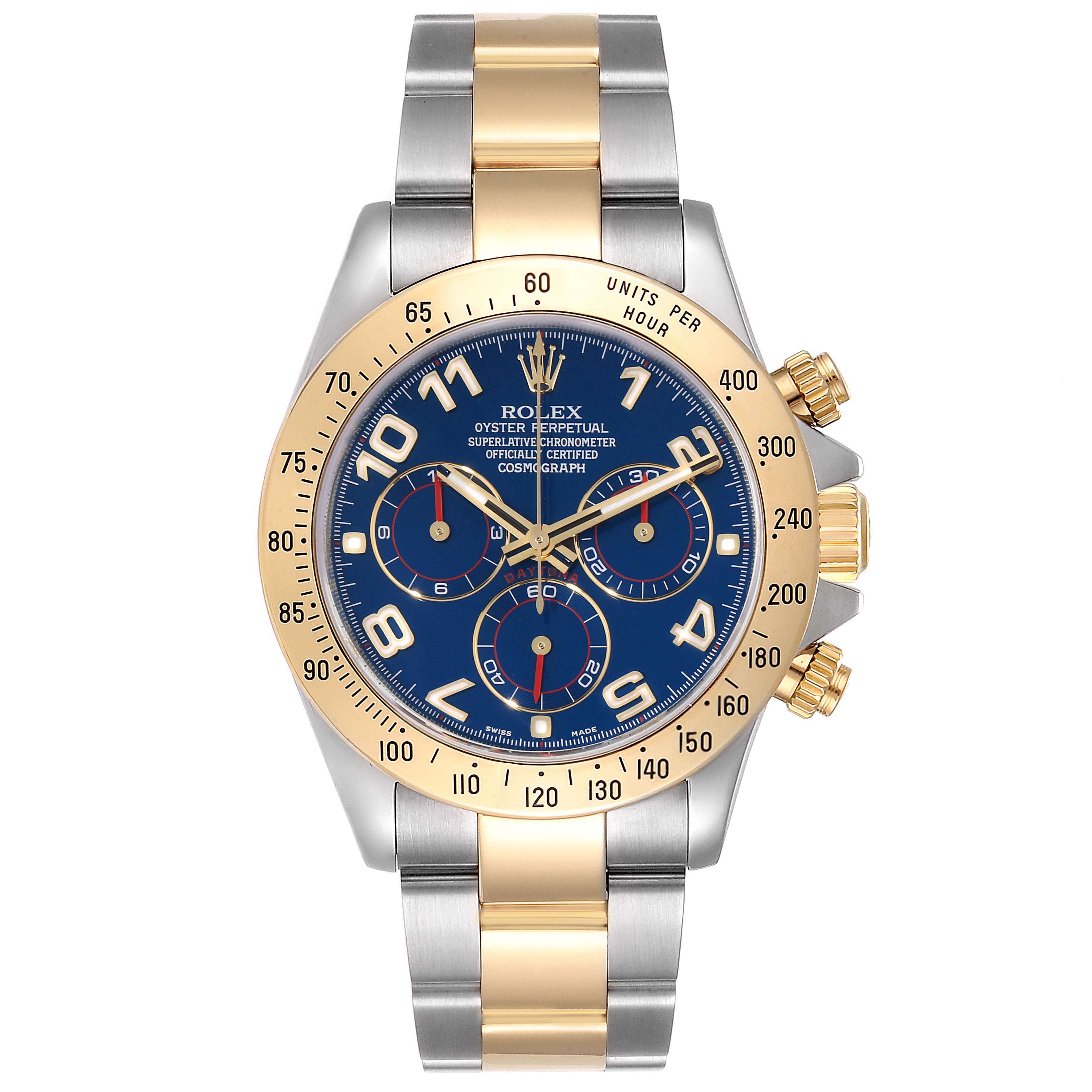 The image shows a front view of a Rolex Daytona 116523 Men's Steel and Gold (two tone) Blue Dial 116523 Men's Steel and Gold (two tone) Blue Dial watch, displaying its blue dial, gold bezel, and two-tone bracelet.