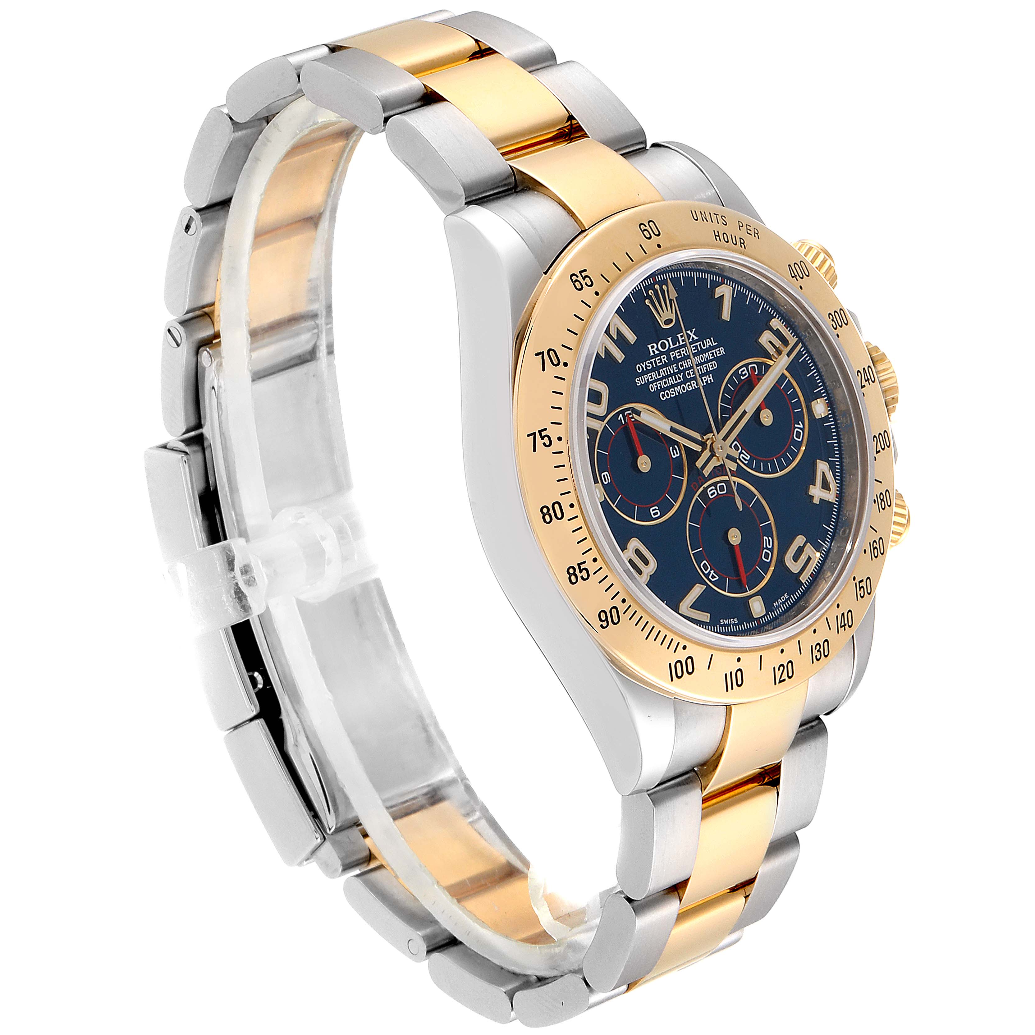 The Rolex Daytona 116523 Men's Steel and Gold (two tone) Blue Dial 116523 Men's Steel and Gold (two tone) Blue Dial watch is shown at a three-quarter angle, highlighting its gold-tone bezel, dial, and bi-metal bracelet.