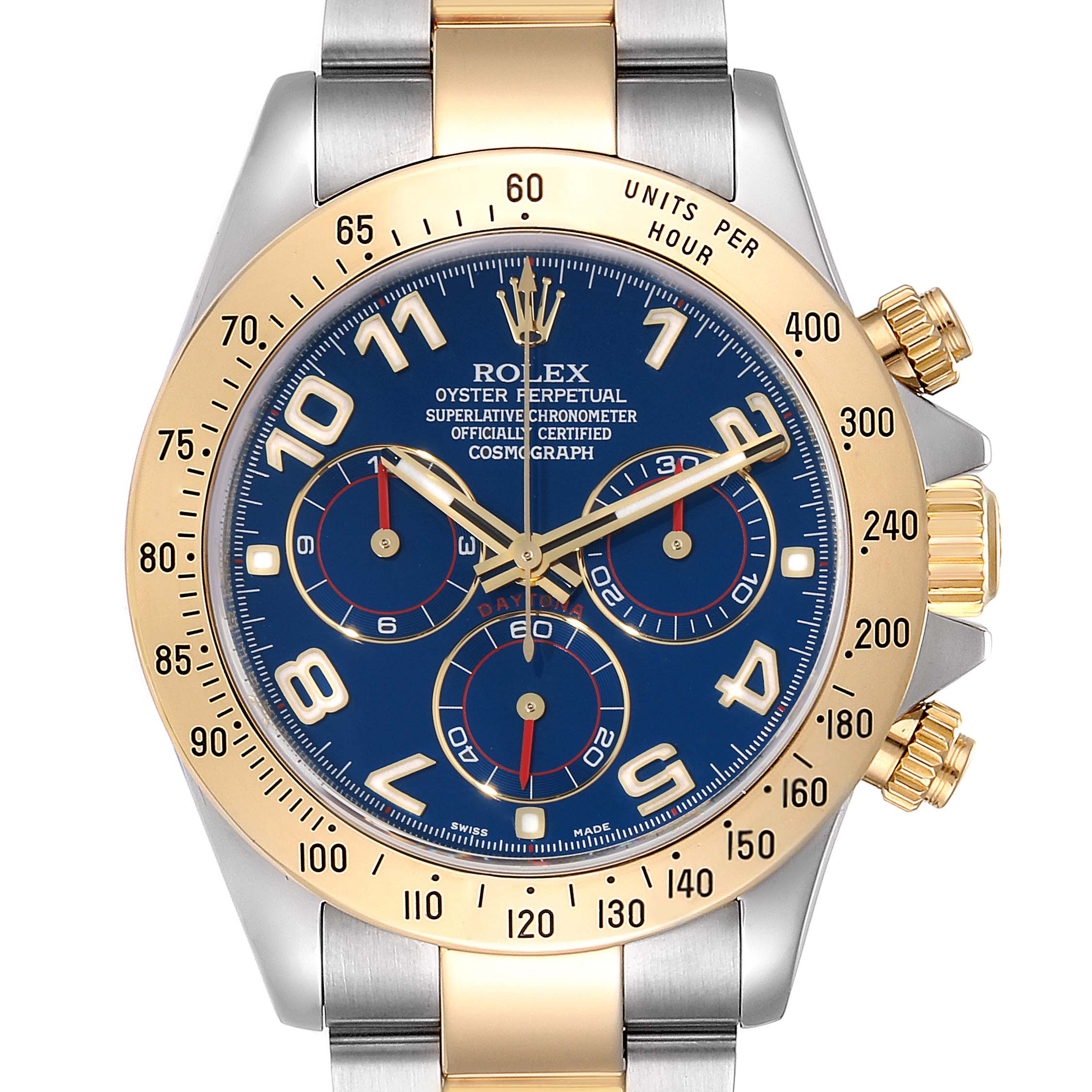 The image shows a front view of a Rolex Daytona 116523 Men's Steel and Gold (two tone) Blue Dial 116523 Men's Steel and Gold (two tone) Blue Dial watch, highlighting its bezel, dial, subdials, and crown.