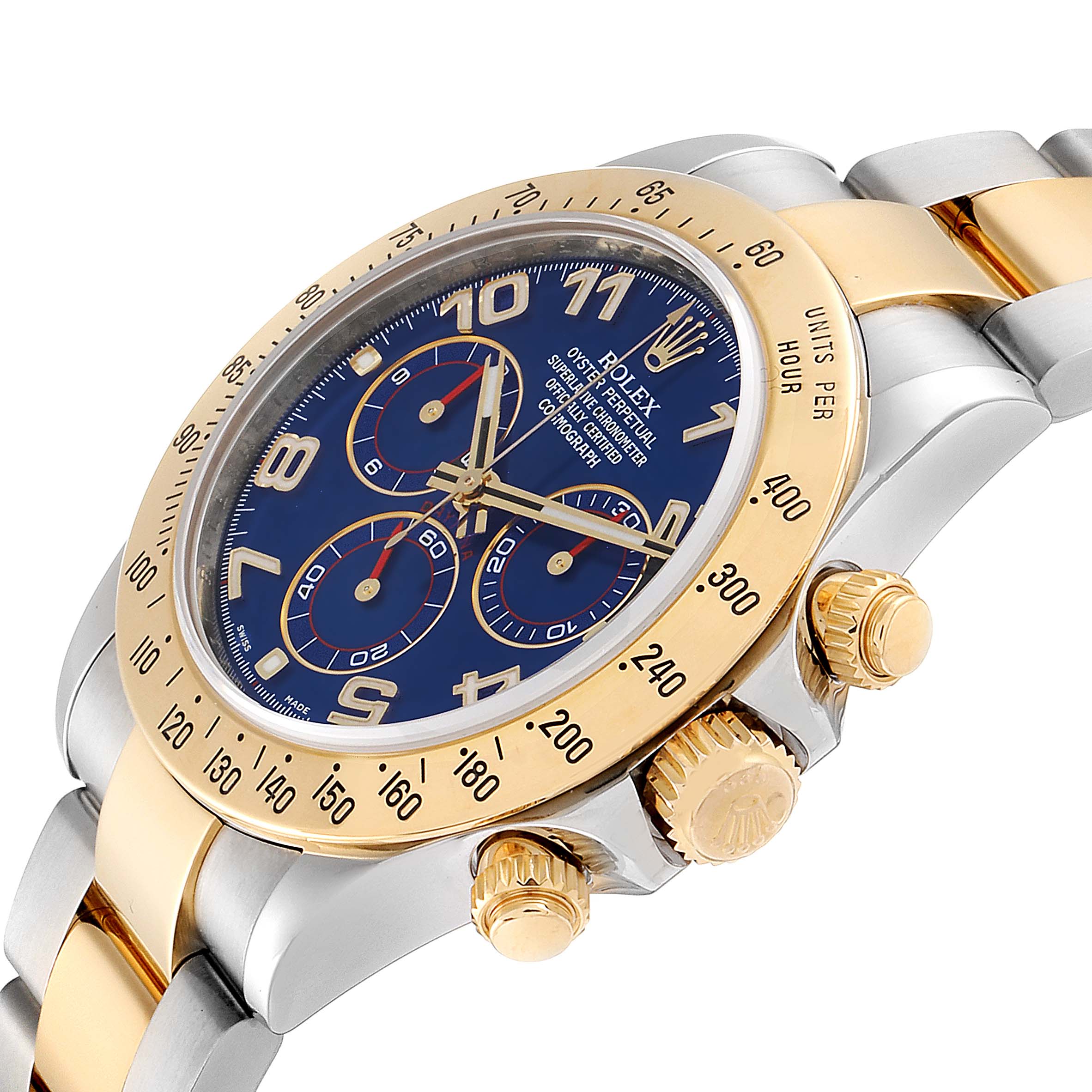 The image shows a close-up side angle of a Rolex Daytona 116523 Men's Steel and Gold (two tone) Blue Dial 116523 Men's Steel and Gold (two tone) Blue Dial watch, highlighting the bezel, crown, and pushers.