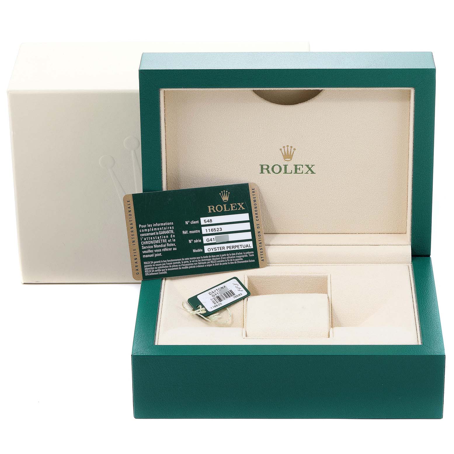 This image shows the packaging and accessories for the Rolex Daytona 116523 Men's Steel and Gold (two tone) Blue Dial 116523 Men's Steel and Gold (two tone) Blue Dial watch, including the box and identification card from a front angle.