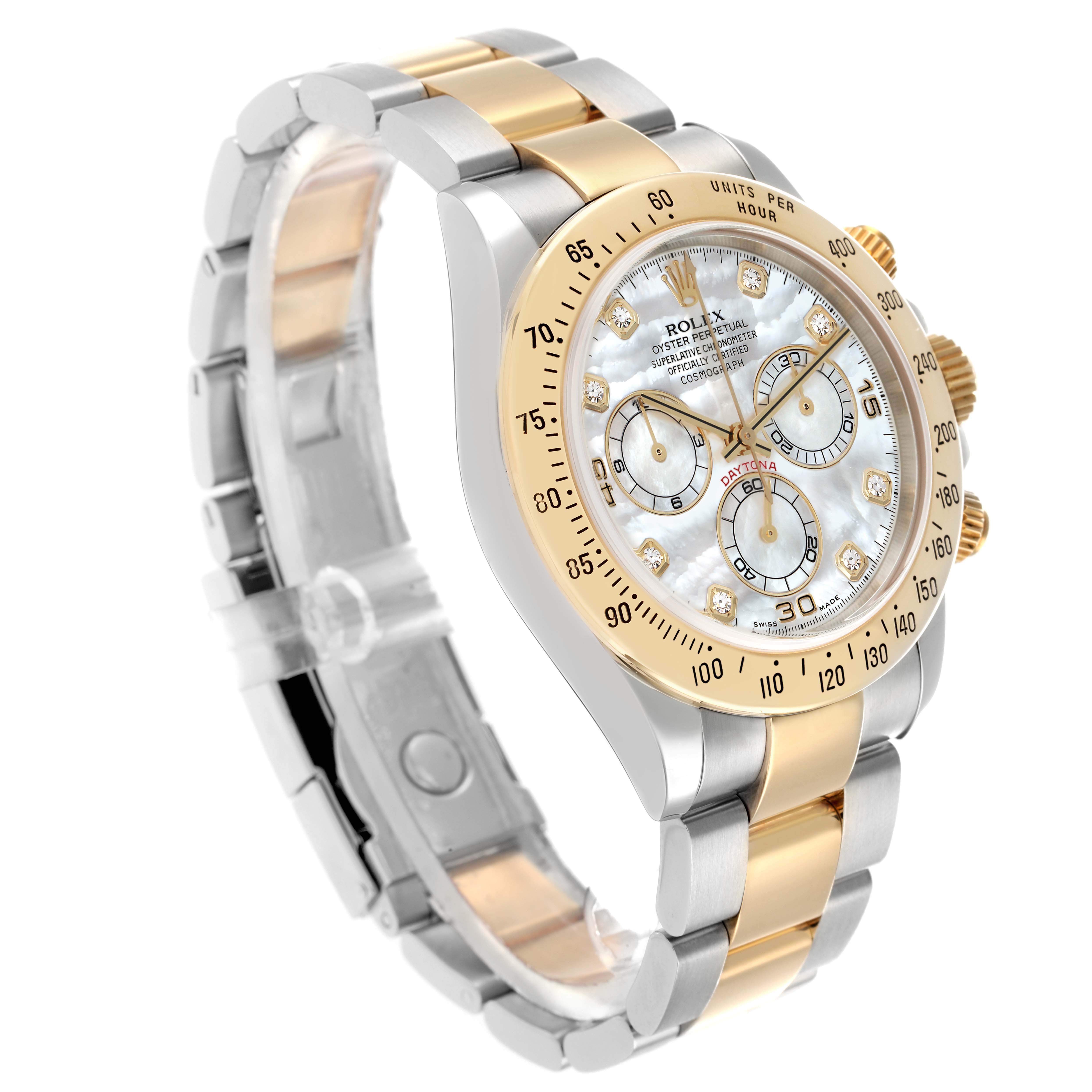 The image shows a Rolex Daytona 116523 Men
s Steel and Gold (two tone) Mother of Pearl Dial watch at a three-quarter angle, highlighting the dial, bezel, crown, and bracelet.