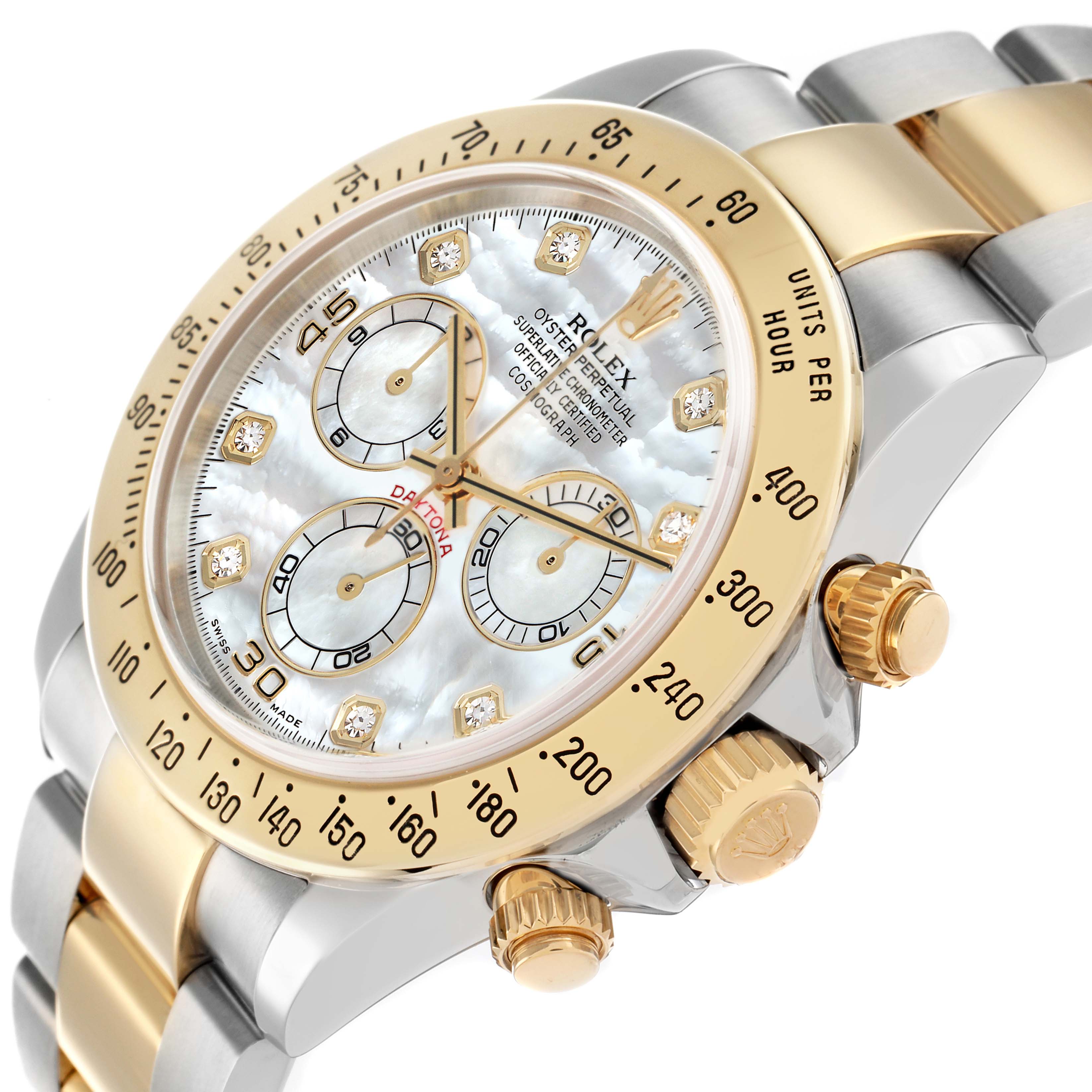The Rolex Daytona 116523 Men
s Steel and Gold (two tone) Mother of Pearl Dial watch is shown from a side angle, highlighting its dial, bezel, pushers, and part of the bracelet.