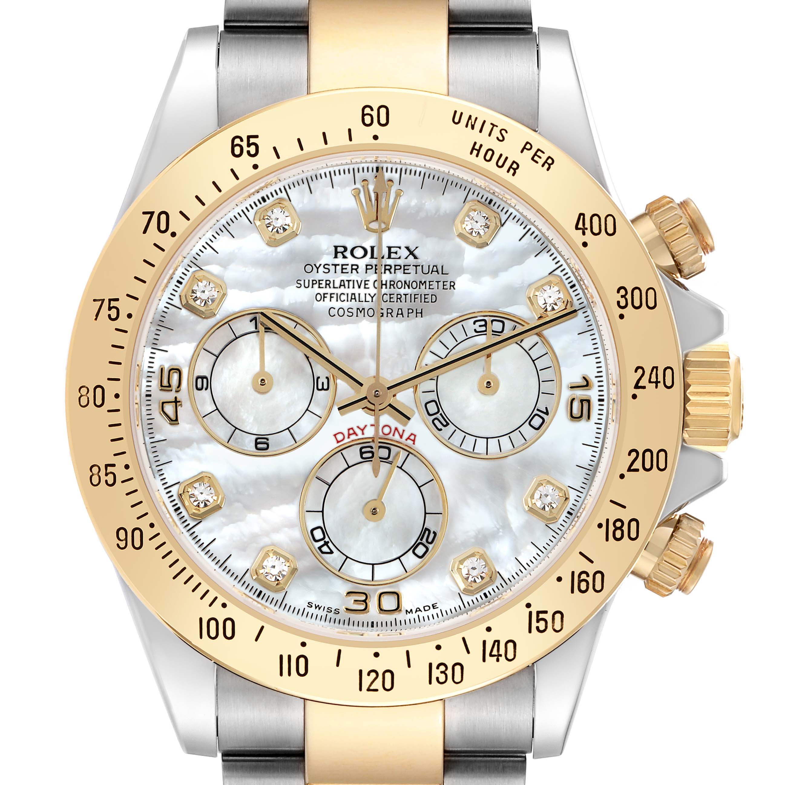 The image shows a front view of a Rolex Daytona 116523 Men
s Steel and Gold (two tone) Mother of Pearl Dial, displaying its bezel, dial, and sub-dials clearly.