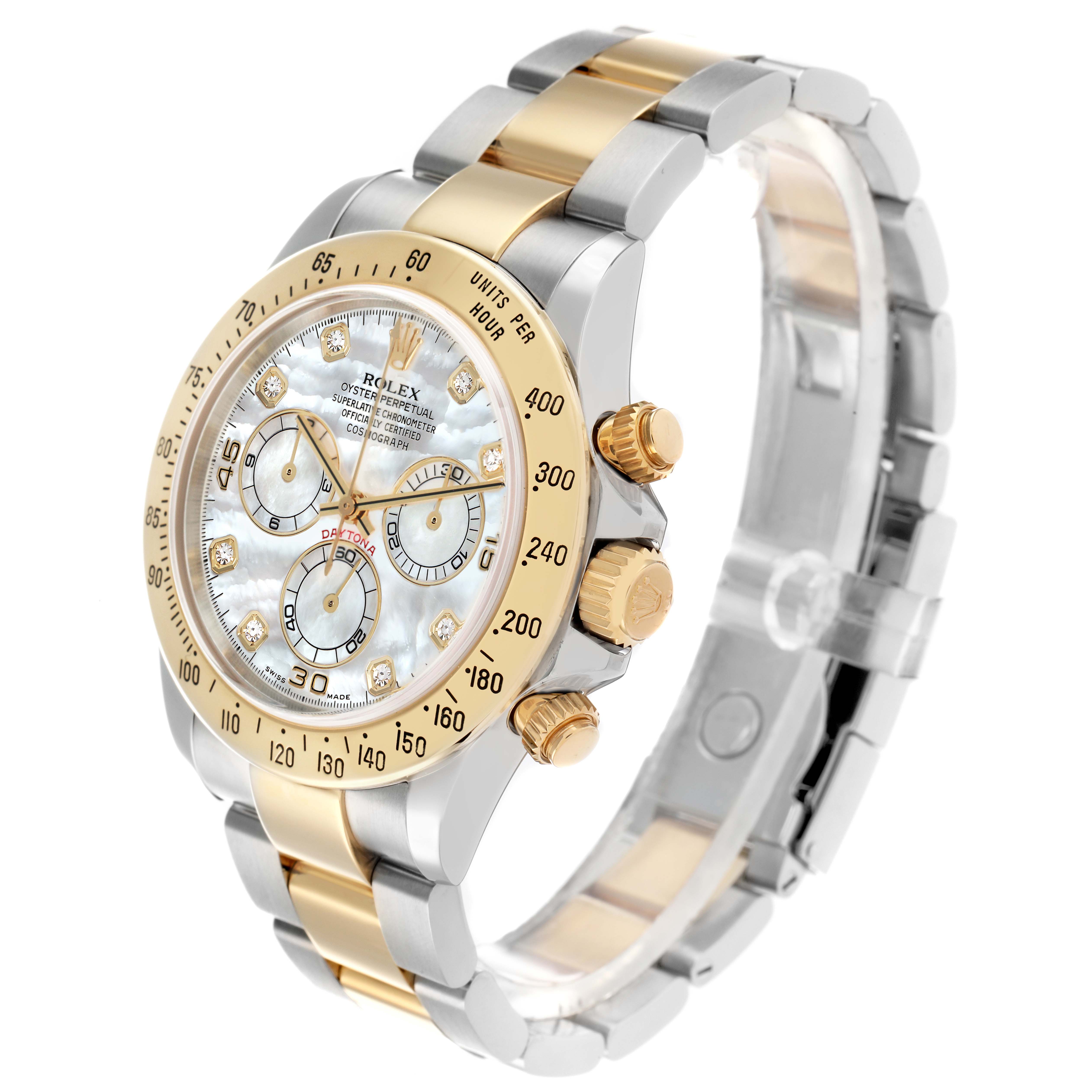 The Rolex Daytona 116523 Men
s Steel and Gold (two tone) Mother of Pearl Dial watch is shown at a three-quarter angle, highlighting the bezel, bracelet, and chronograph dials.