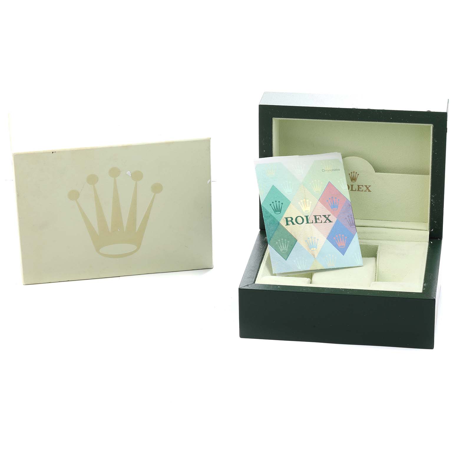 The Rolex Daytona 116523 Men
s Steel and Gold (two tone) Mother of Pearl Dial packaging is shown, including the box, outer sleeve, and booklet.