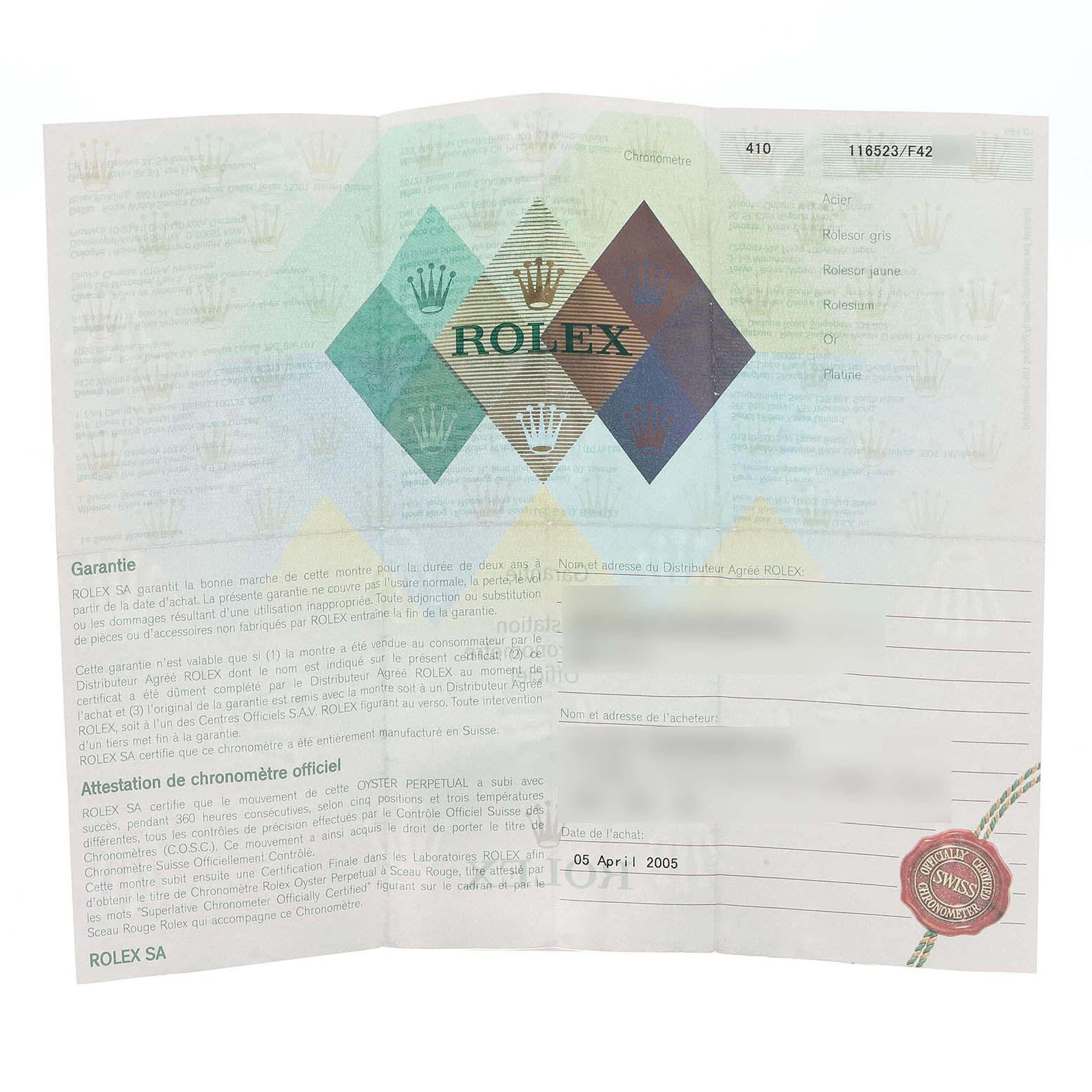 The image shows a flat, unfolded warranty document for the Rolex Daytona 116523 Men
s Steel and Gold (two tone) Mother of Pearl Dial model.