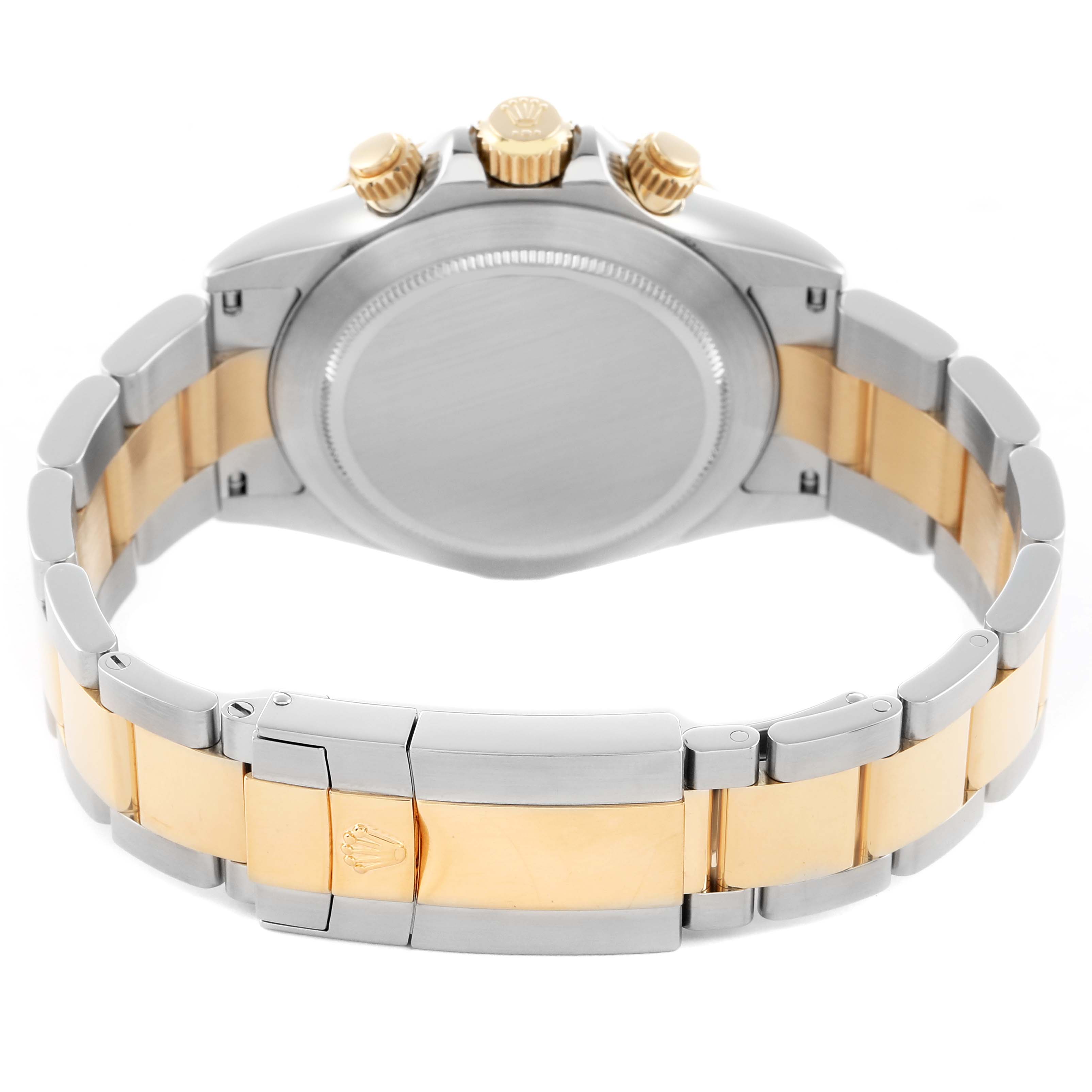 The image shows the Rolex Daytona 116523 Men
s Steel and Gold (two tone) Mother of Pearl Dial watch from the back, featuring the case back, bracelet, and clasp.